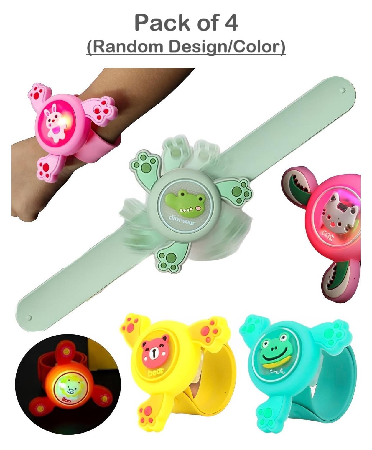 OPINA Kids Spinning Slap Wrist Band for Boys and Girls Cute Cartoon Bracelet Wrist Band with LED Light Up, Great Gift Toys for Kids - Pack of 4 (Color & Design May Vary)-picture-36