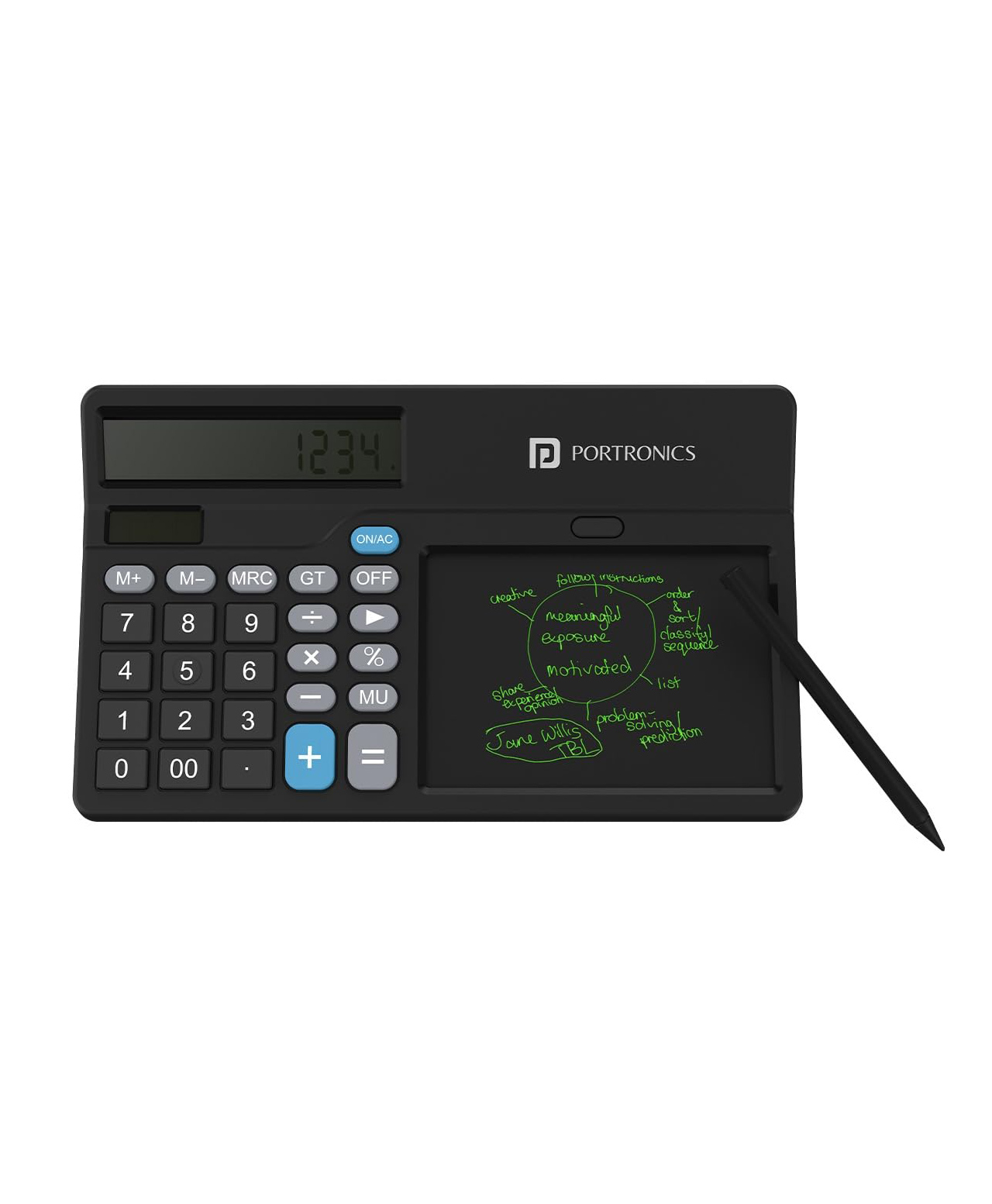Portronics Ruffpad Calc2-in-1 Calculator & LCD Writing Pad with 14.4 cm Writing Area, Multi Function Digital Calculator Stylus Pen for Students, Birthday Gift, Kids Toys, School, Office(Black) POR-2371-image-0