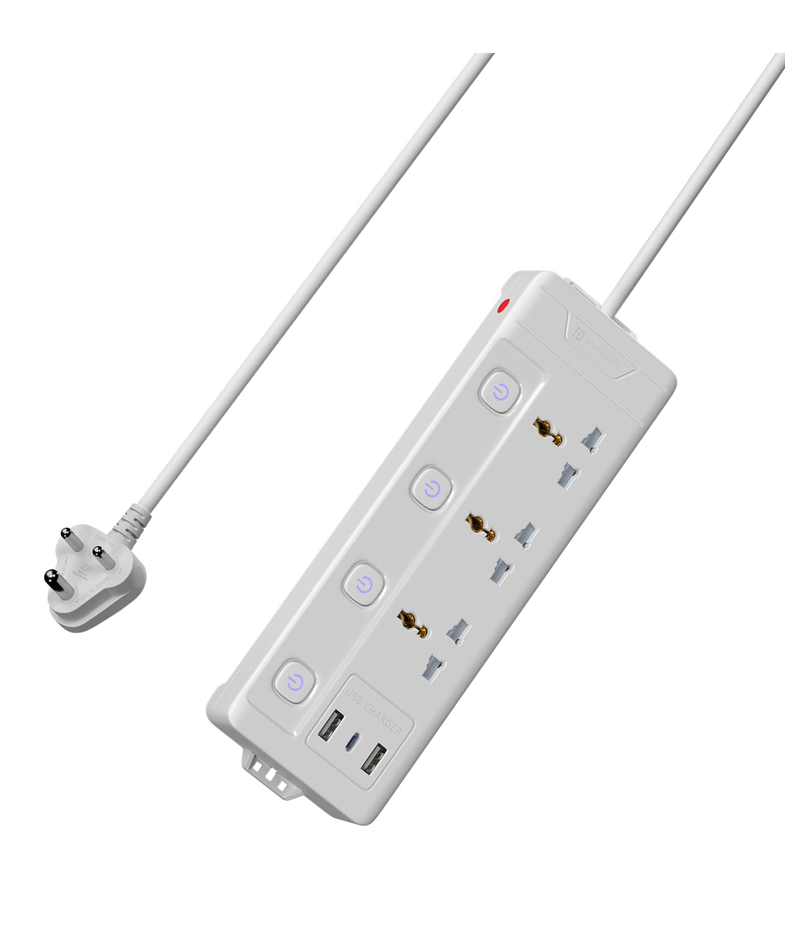 Portronics Power Plate 18 Extension Board with 3 Universal Power Sockets, 1500 Watts, 3 Meter Long Heavy-Duty Cord, USB-A & USB-C Ports for Charging(White) POR-2569-image-24