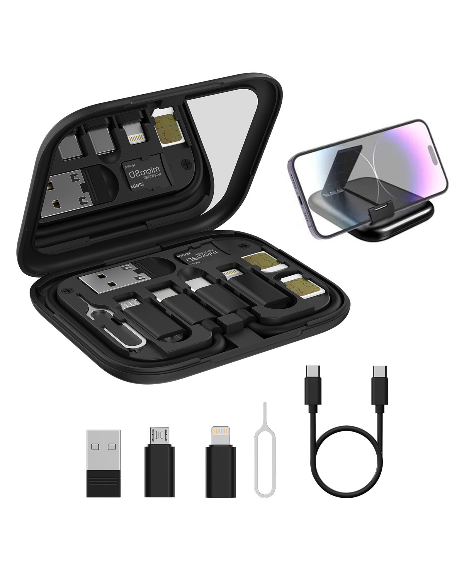 Portronics Snapcase 60W Multifunctional Fast Charging Data Cable Kit, Conversion Set USB A & Type C to Male Micro/Type C/Lightning,Data Transfer,Sim Storage,Sim Eject Pin,Pocket Mirror,Phone Holder POR-2579-image-13
