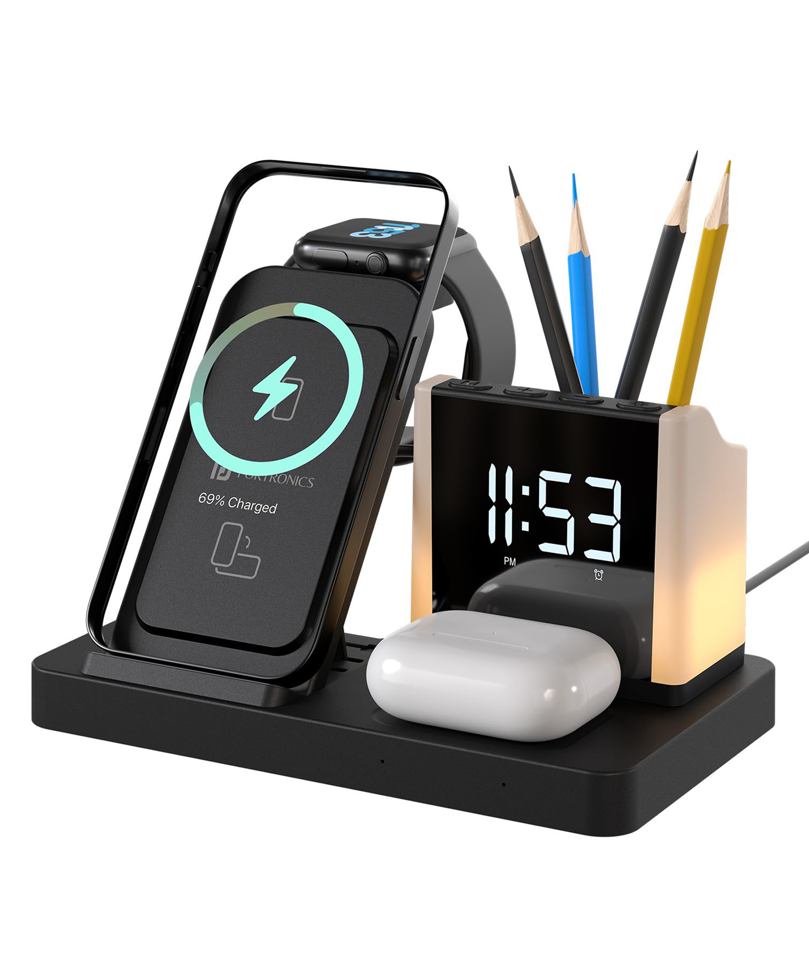 Portronics HexaCharge 6in1 15W Fast Magnetic Wireless Charging for iPhone 15/15 Plus/15 Pro/15 Pro Max,14/14 Plus/14 Pro/14 Pro Max,13/12, Wireless Earbuds & Smartwatches, Pen Stand, LED Lamp (Black) POR-2128-image-5