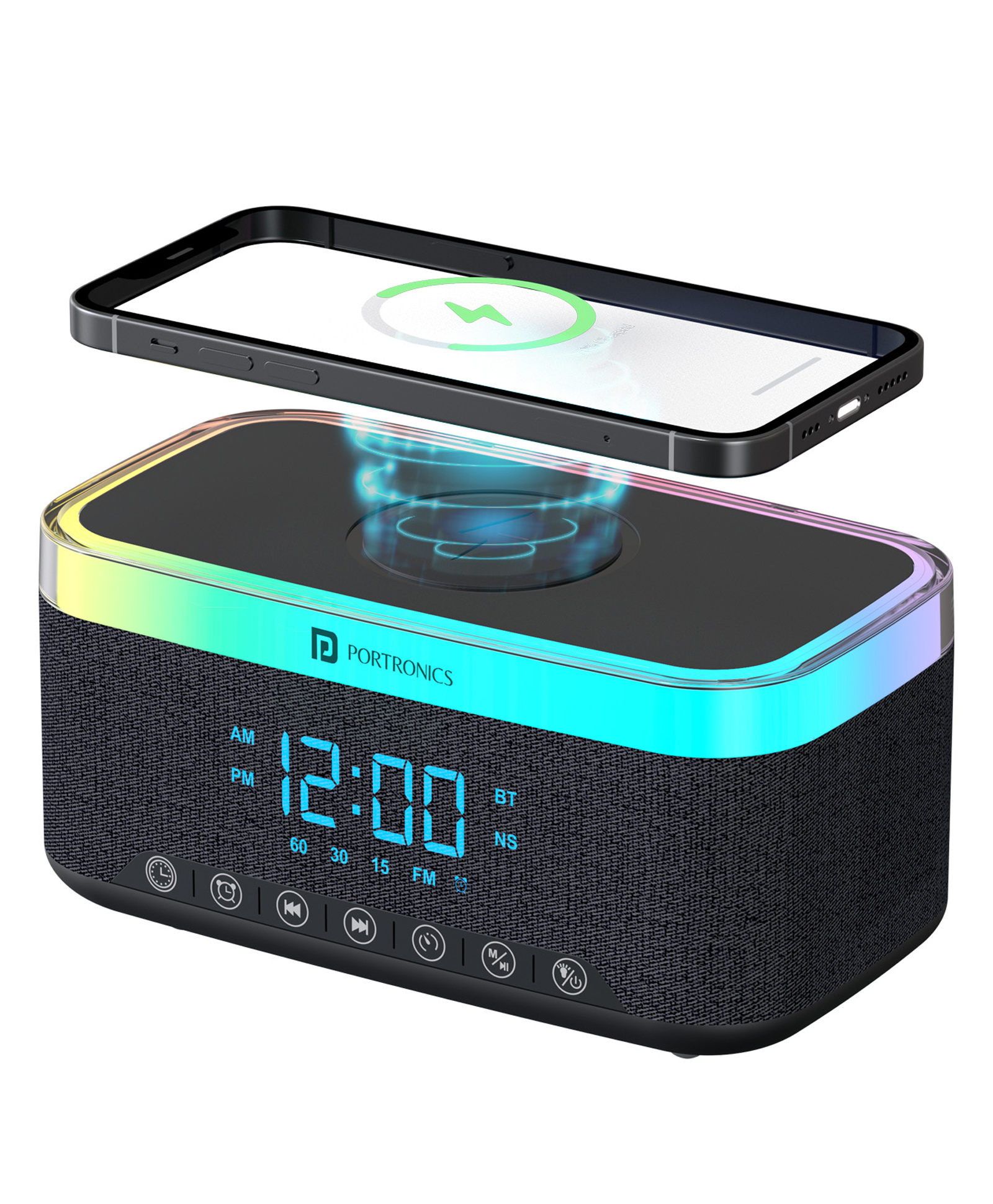 Portronics Trifusion 16W HD Sound Bluetooth Speaker with 15W Wireless Charging, 360°RGB LED Lights, Digital Clock with Alarm Setting, Built-in White Noise, USB/SD Card/AUX in, Type C Charging(Black) POR-2333-image-6