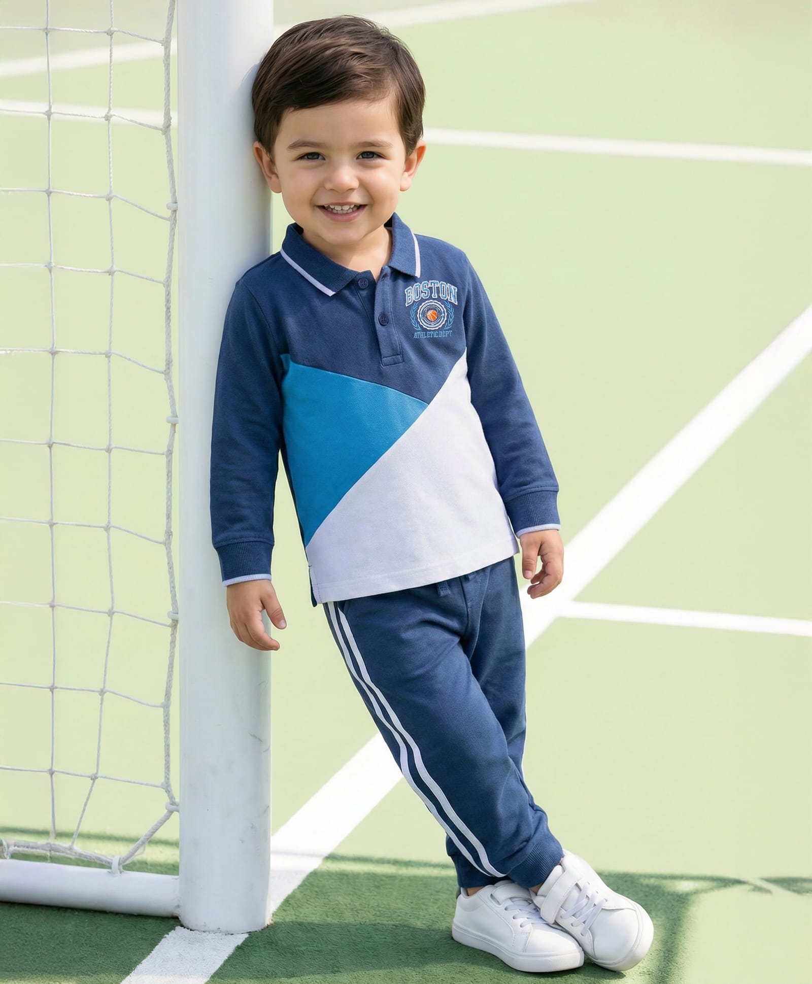 Babyhug Single Jersey Knit Full Sleeves Cut & Sew Embroidered Collared T-Shirt & Jogger with Tape Detailing - Blue & White-picture-33