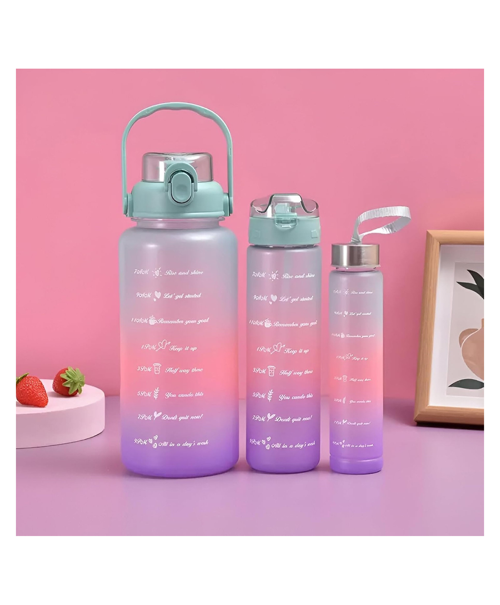 mihar essentials Mihar Sports Motivational Water Bottle with Straw 3 Pcs, 2000 ml 900ml 300ml Time Marker Drinking Bottles leak proof Gallon 2L Sipper Water bottle for Sports Gym Travel BPA Free - Colour May Vary-picture-23