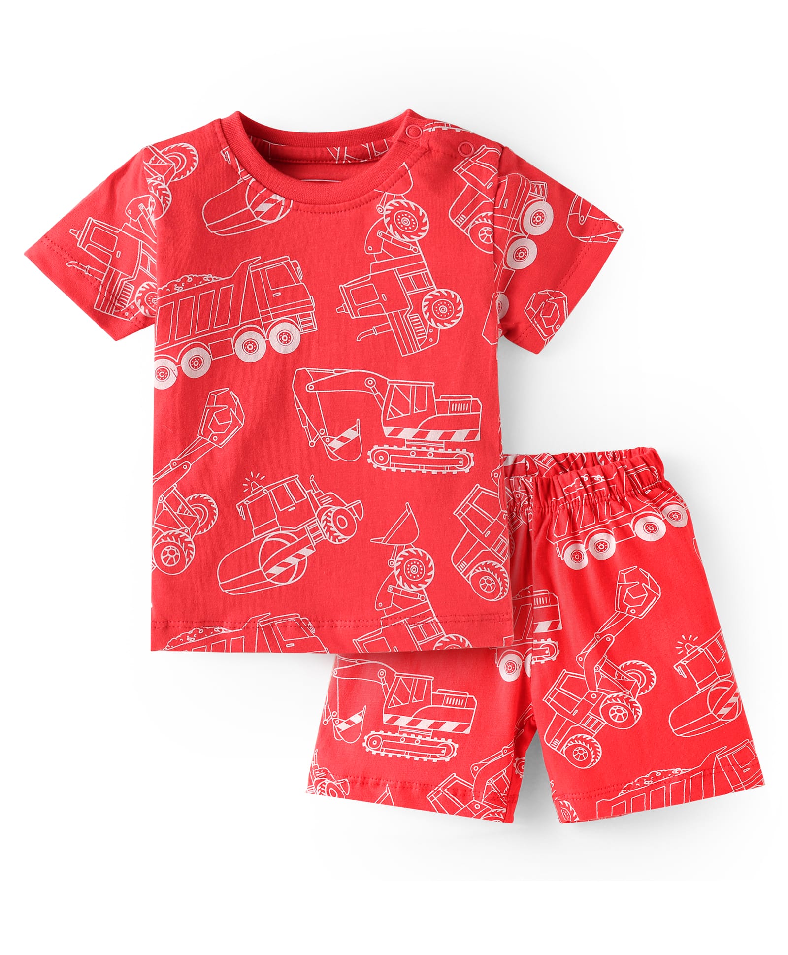 Babyhug Cotton Knit Single Jersey Half Sleeves Night Suit With Construction Vehicle Print - Red-image-21