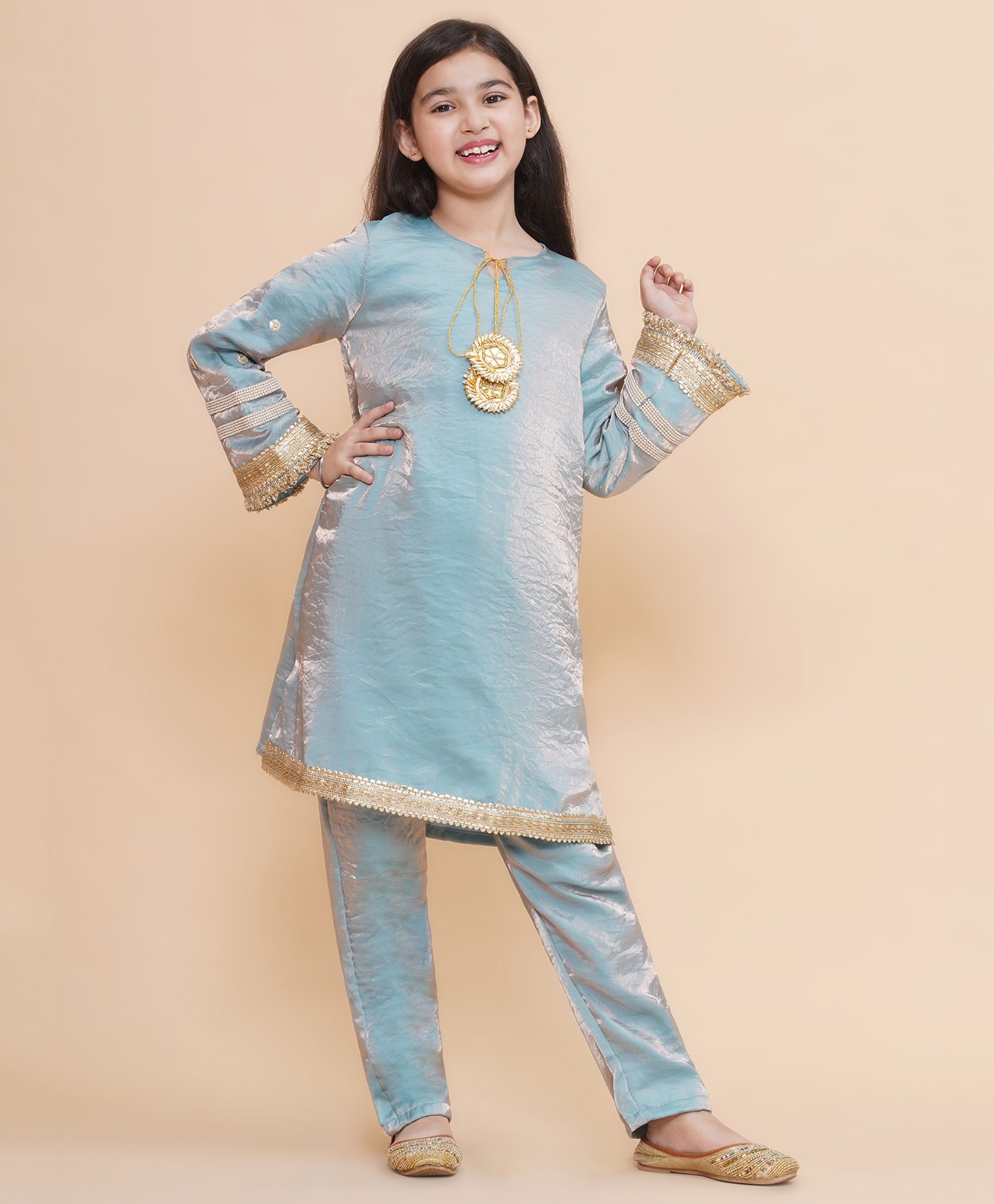 Piccolo Full Sleeves Lace Embellished Ombre Kurti WithCoordinating Pant Set - Blue-picture-26