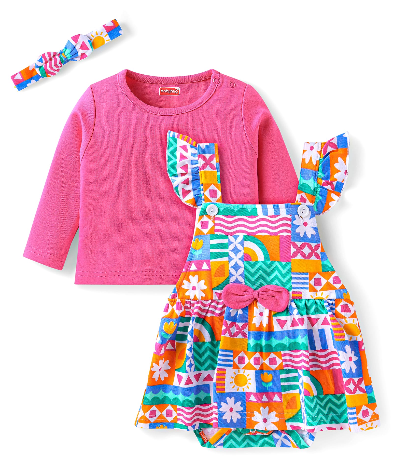 Babyhug 100 % Cotton Knit Full Sleeves Solid Colour T-Shirt & Floral Printed Frock Style Onesie with Headband - Dark Pink-image-27