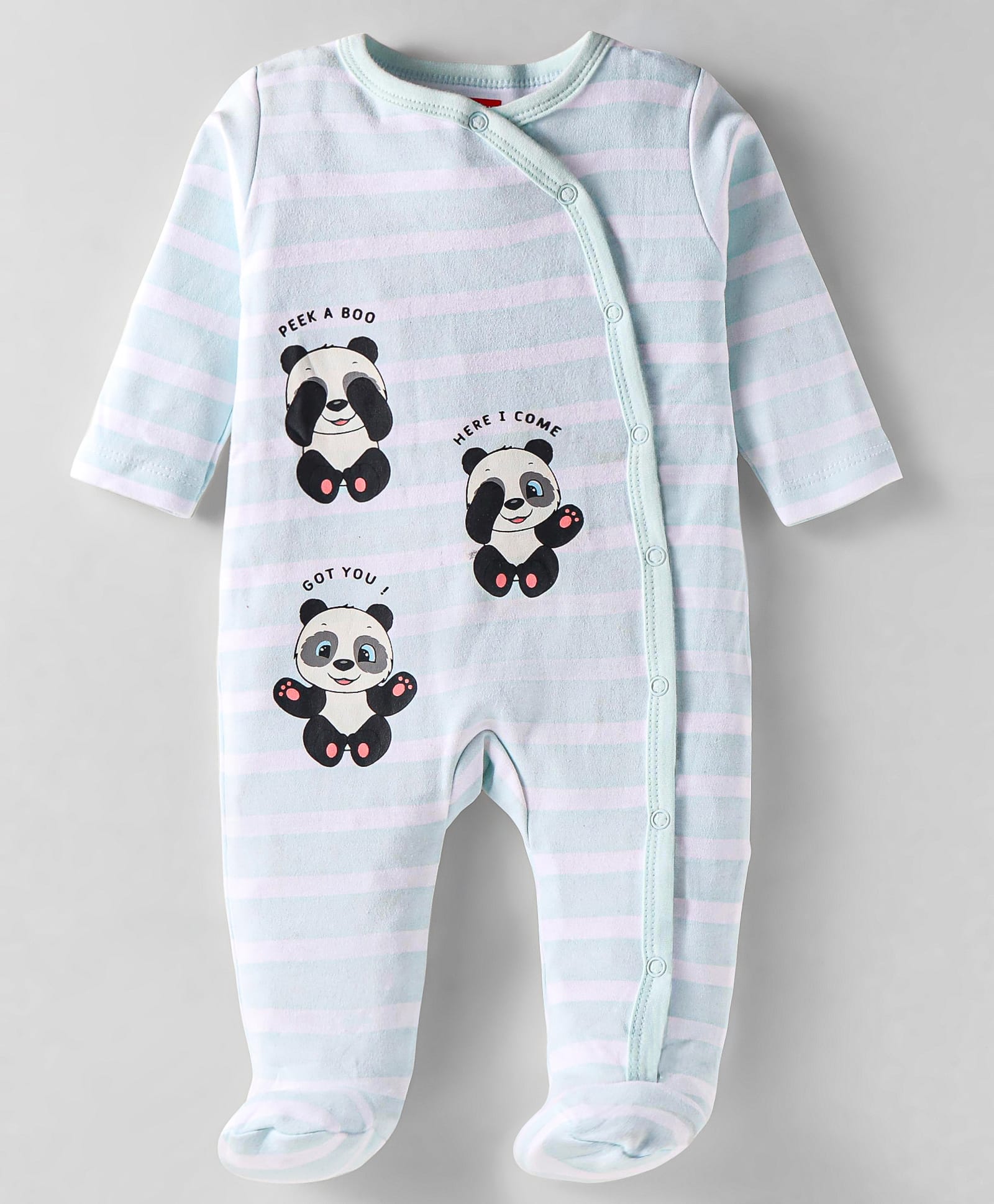 Babyhug Cotton KnitFull Sleeves Striped Front Open Footed Sleep Suit Panda Print - Light Blue-image-15