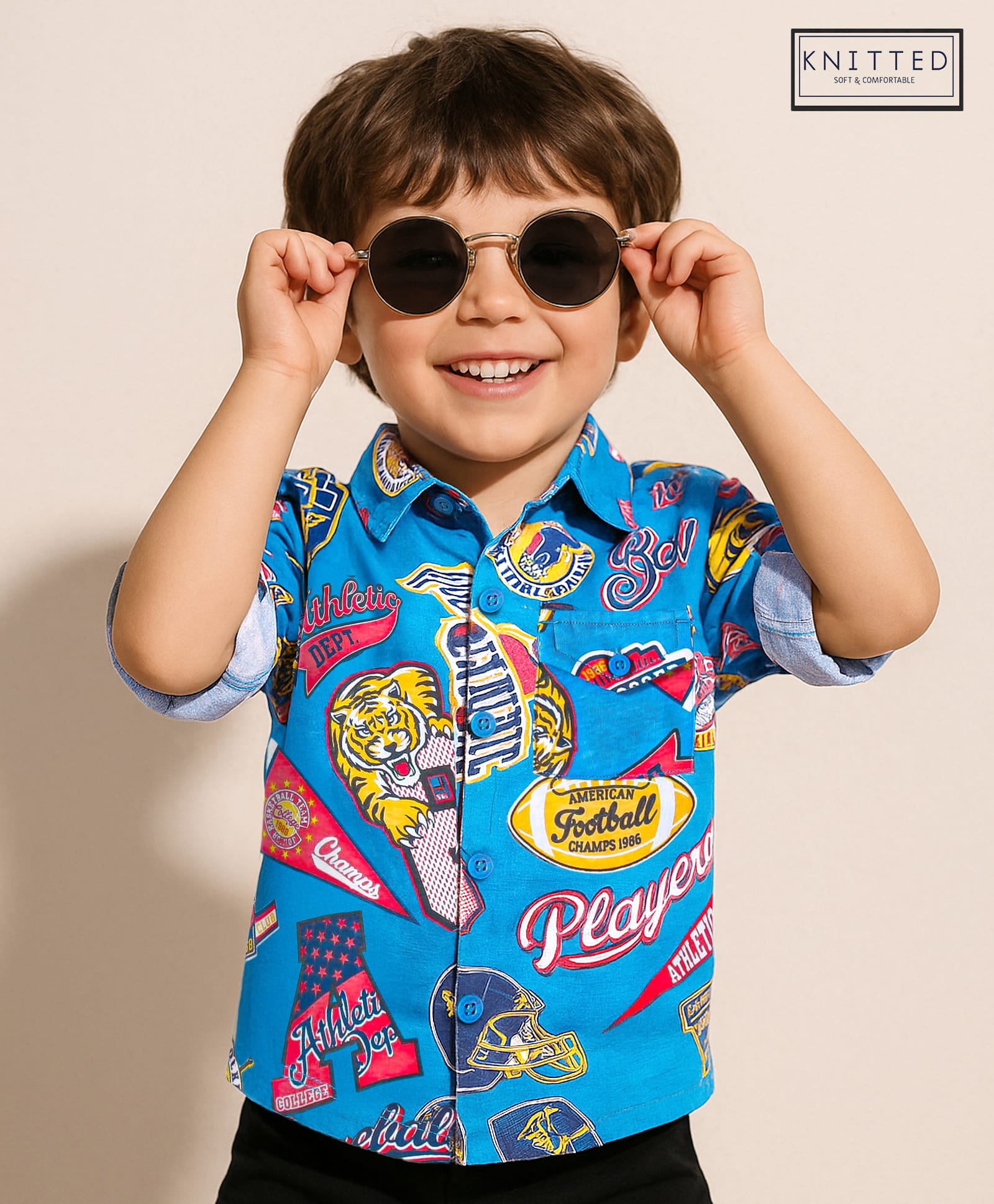 Babyhug Cotton Knit Full Sleeves Varsity Printed Shirt - Blue-image-14