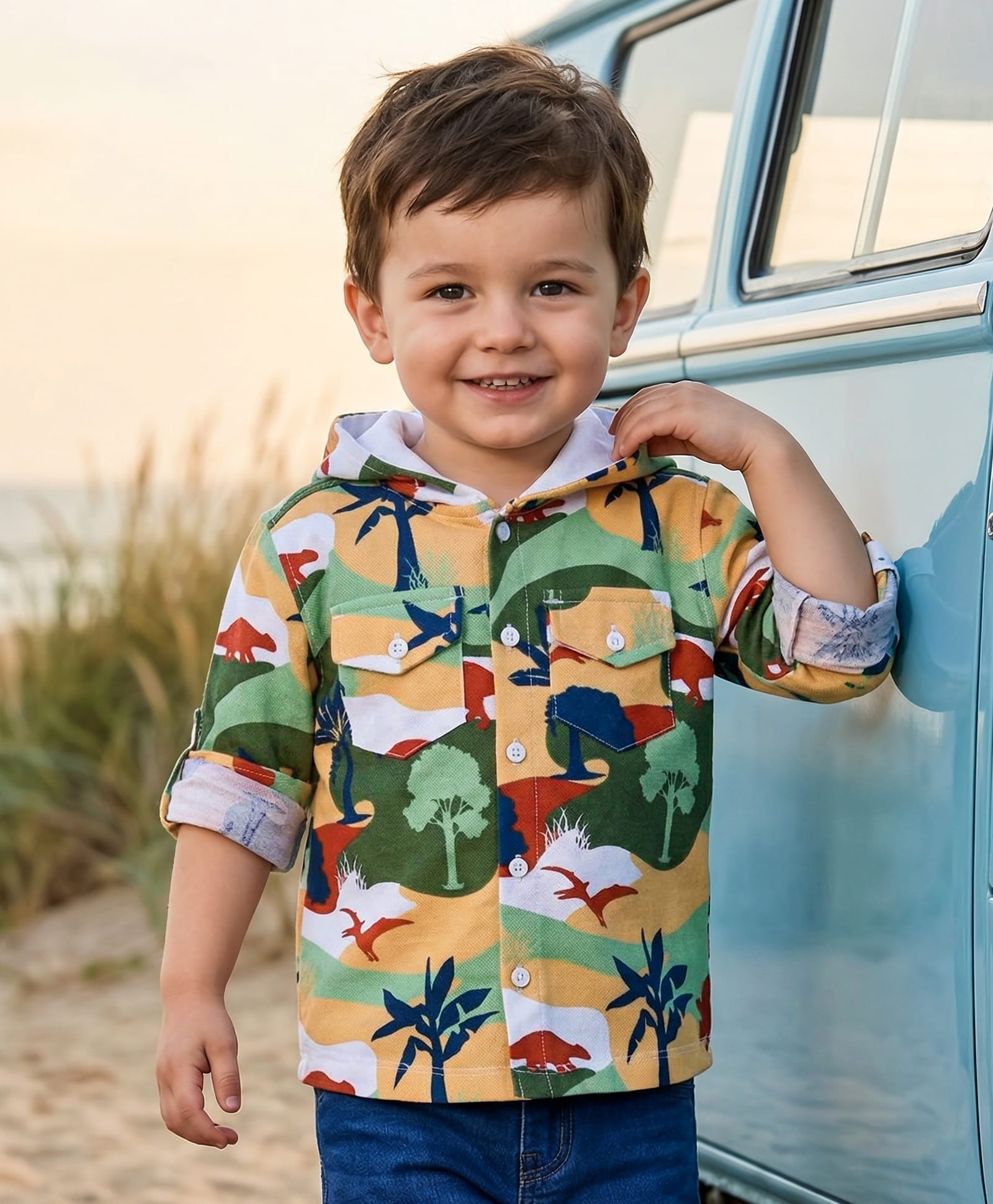 Babyhug Cotton Knit Full Sleeves Hooded Shirt With Dinosaurs Print - Peach & Green-image-37