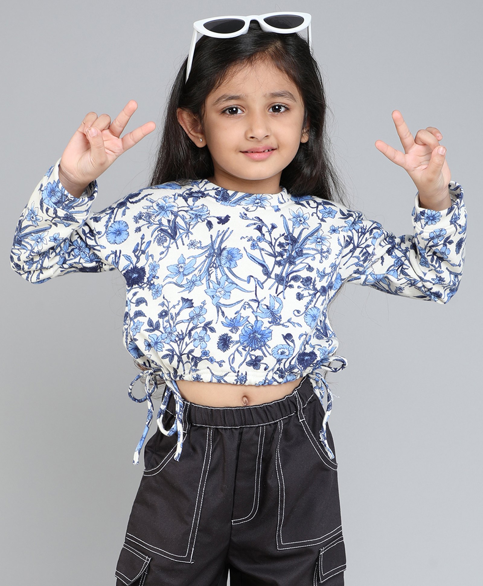 Taffykids Full Sleeves Floral Printed Waist Tie Up Crop Sweatshirt - White & Blue-picture-4