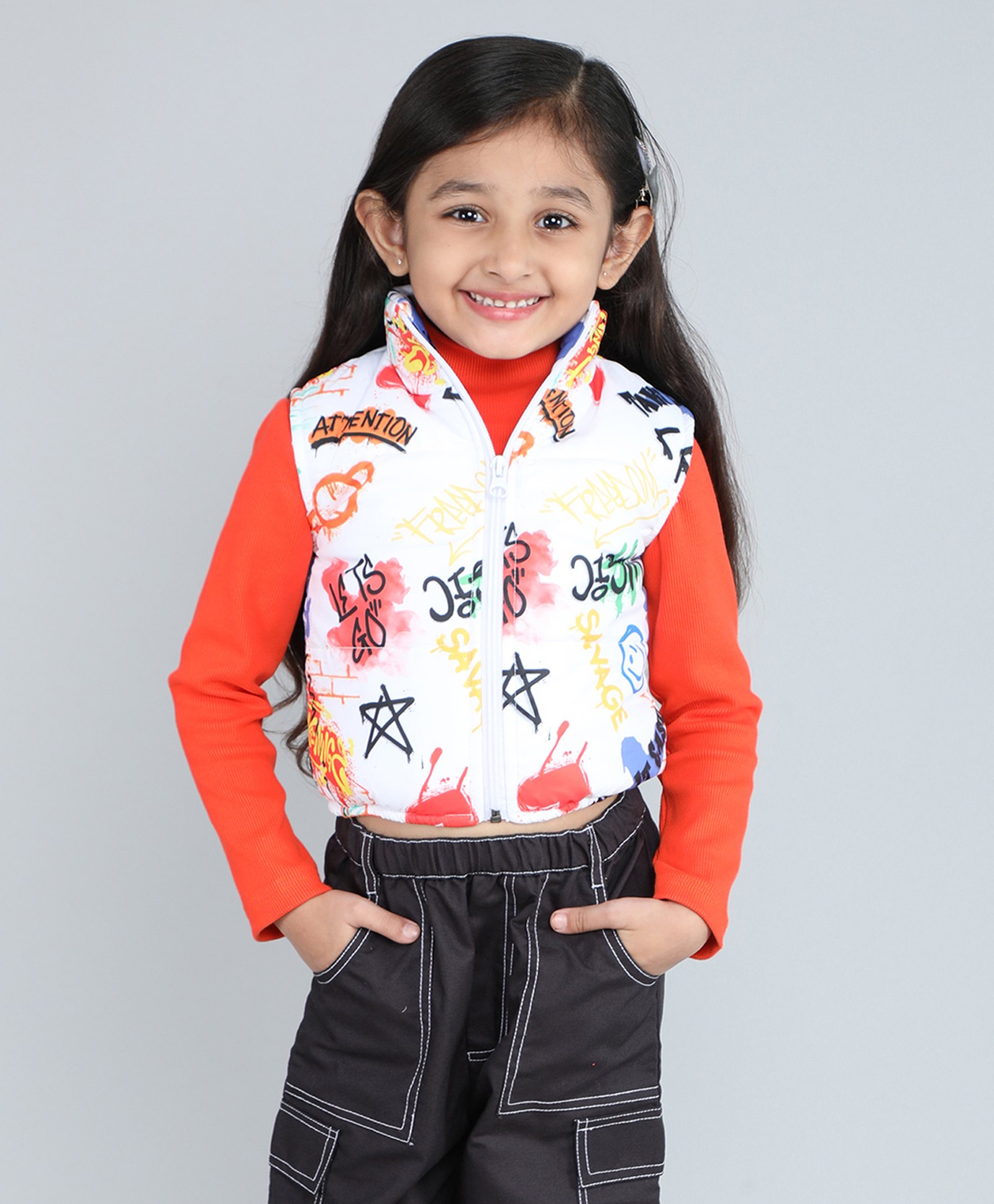Taffykids Sleeveless Typography Printed Crop Puffer Jacket - White & Multi Colour-picture-7