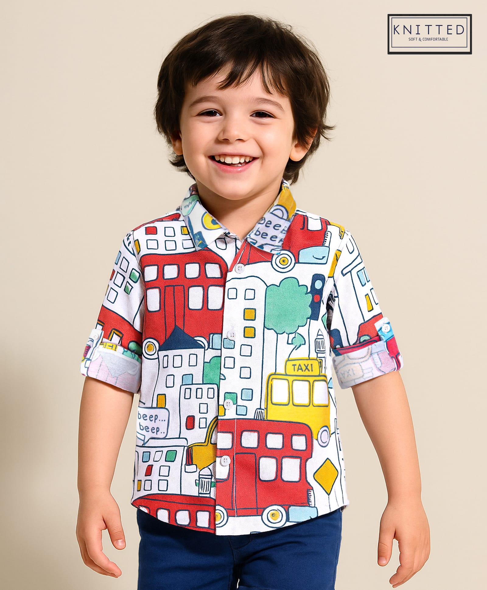 Babyhug Cotton Knit Full Sleeves Shirt With Cityscape Print - White-picture-15