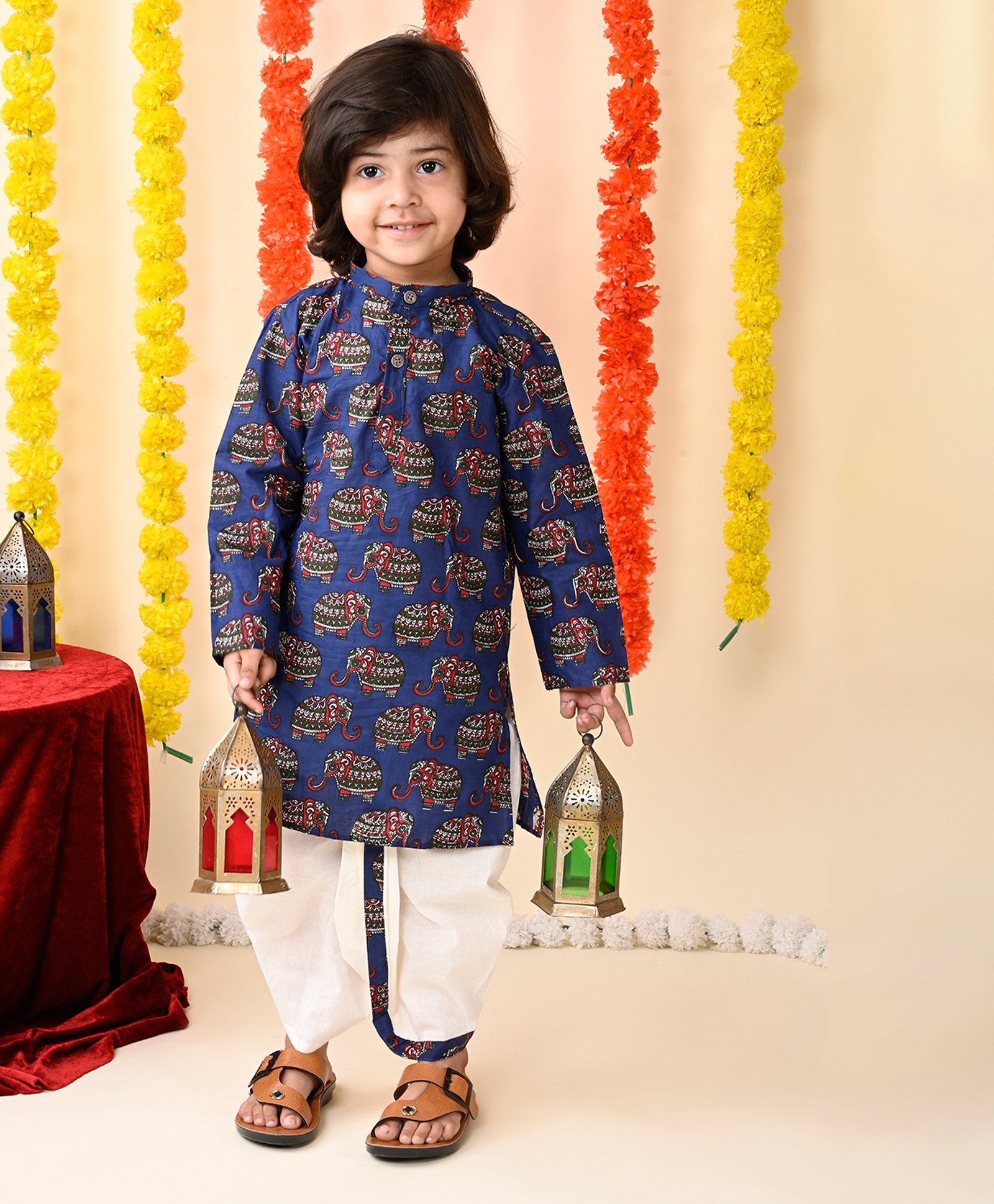 MoMaa Pure Cotton Full Sleeves Elephants Printed Dhoti Kurta Set - Blue & White-picture-18