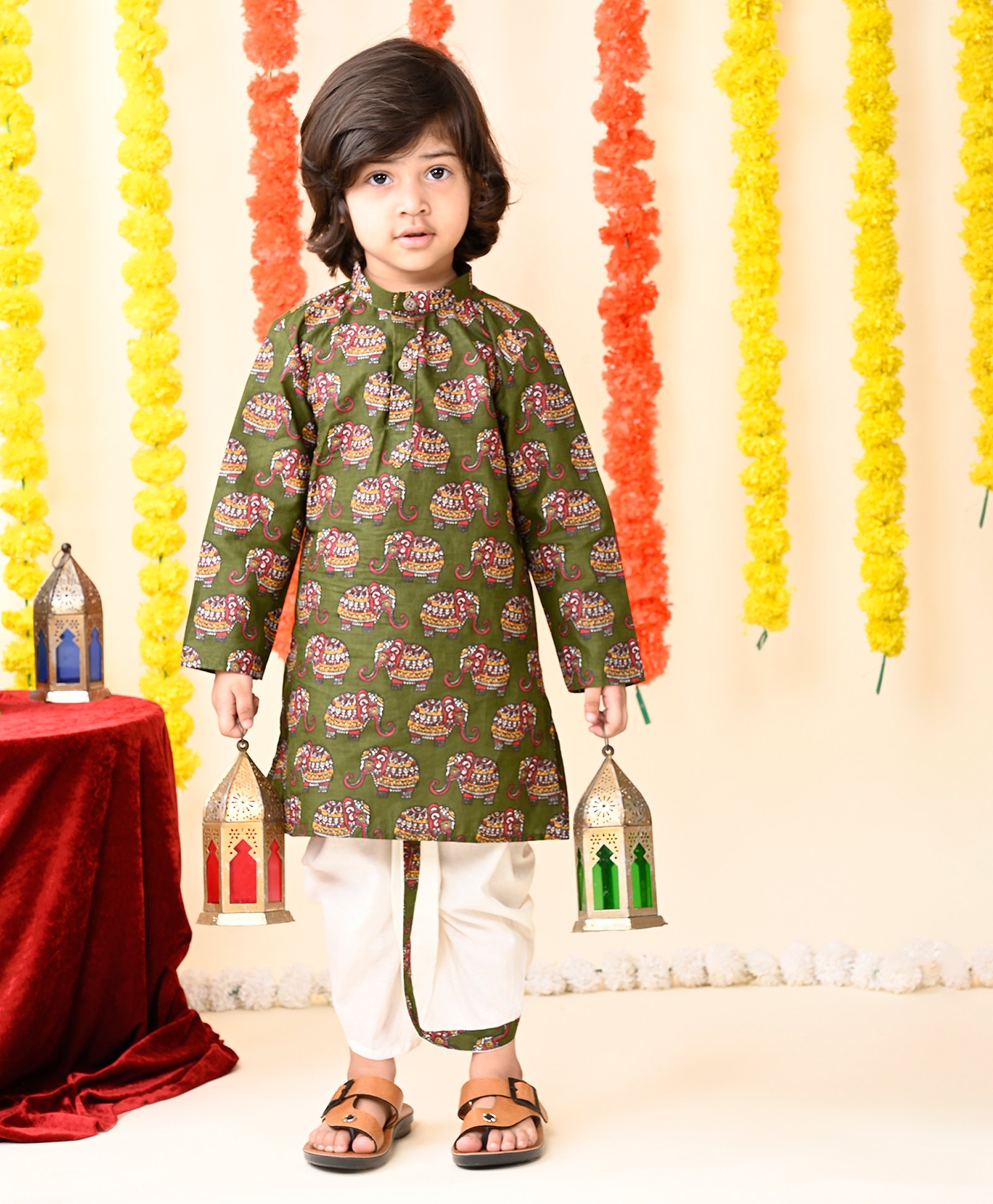 MoMaa Pure Cotton Full Sleeves Elephants Printed Dhoti Kurta Set - Green & White-picture-2