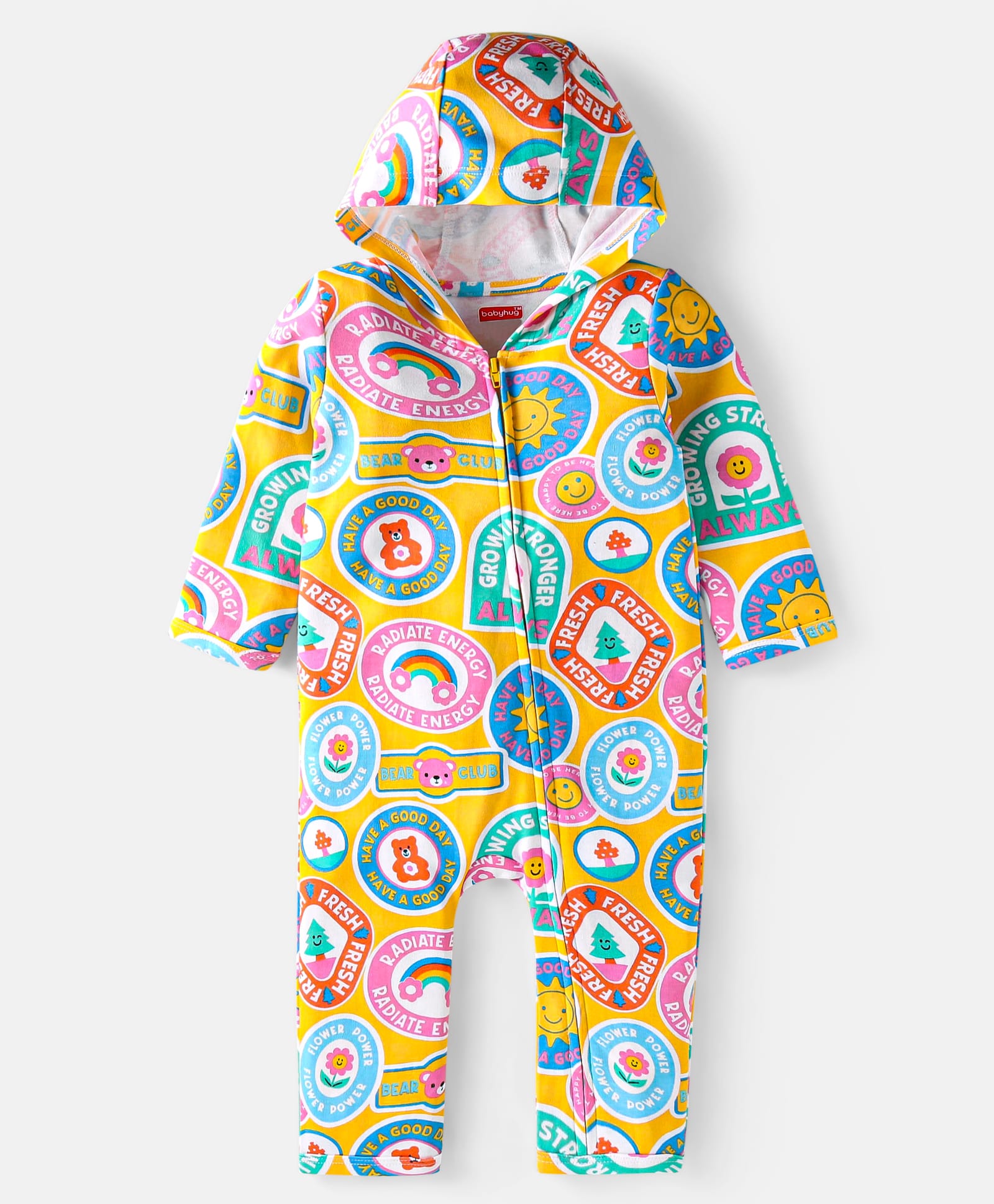 Babyhug 100% Cotton Knit Full Sleeves Hooded Romper with Text & Bear Print - Yellow Blue & Pink-image-47