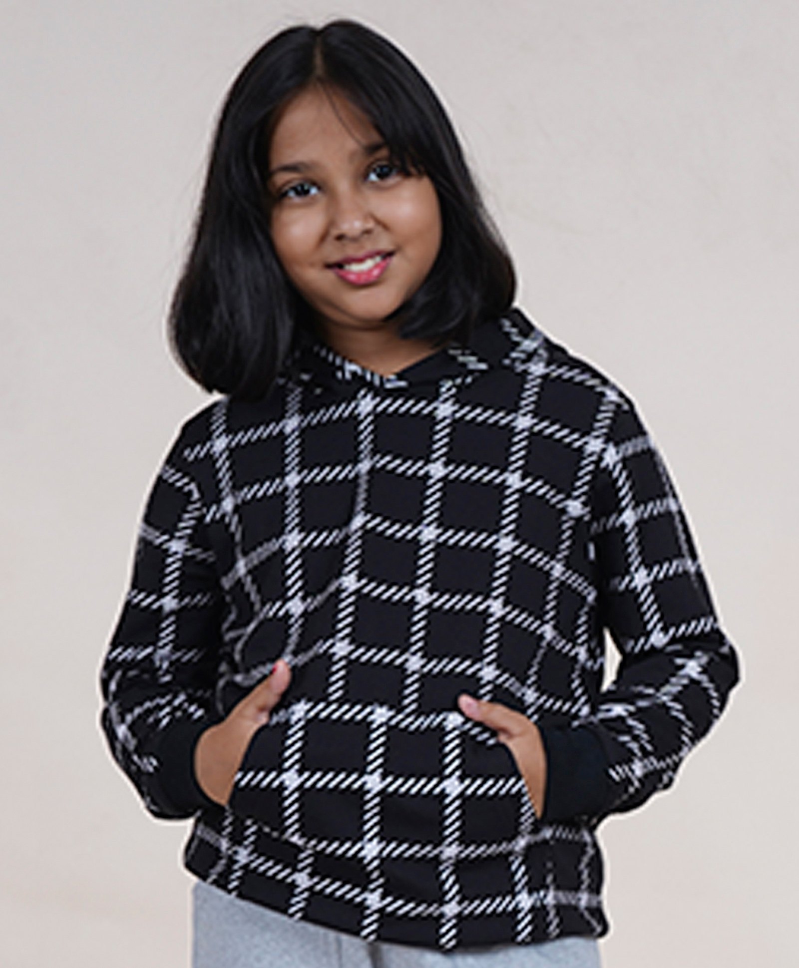 Kiddopanti Fleece Full Sleeves Checked Hooded Sweatshirt - Black-picture-15