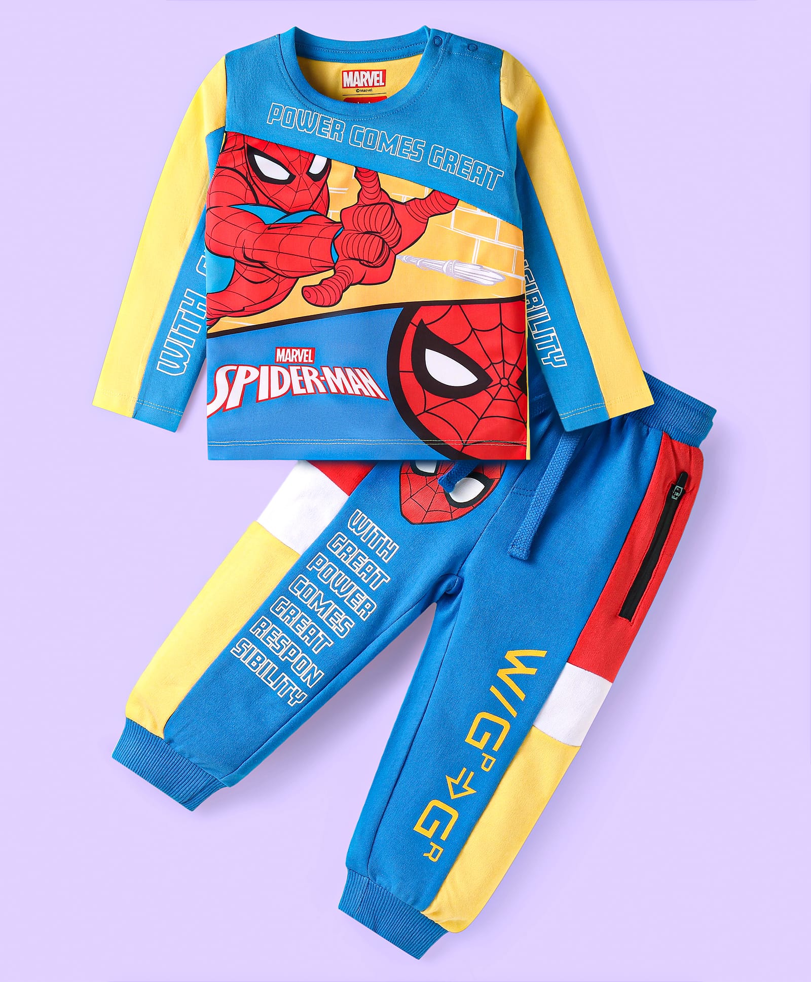 Babyhug Marvel Single Jersey Knit Full Sleeves Cut & Sew Spider Man Printed T-Shirt & Joggers Set - Blue Yellow & Red-picture-28