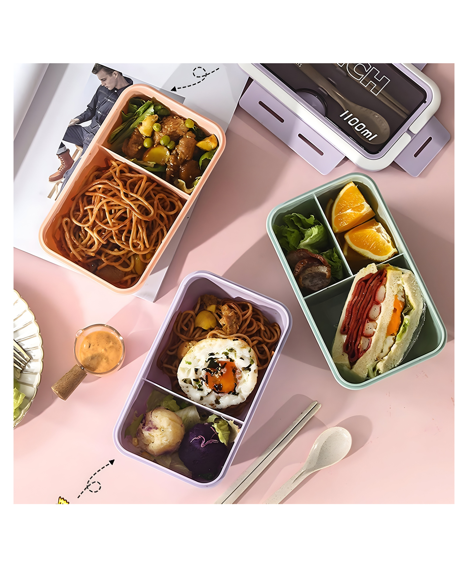 COZY VIBES 1100ML Lunch Box Cuteness Anti fouling 2 compartments for Office for School-PACK OF 1-COLOR MAY VARY-image-30