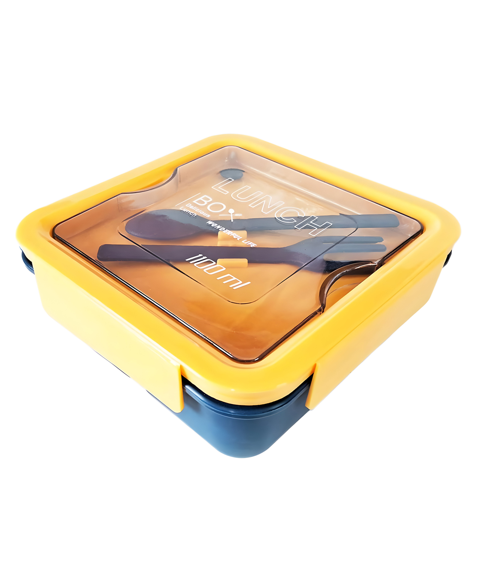COZY VIBES Lunch Box with Spoon and Fork 1100 ml Square Container Airtight Leakproof Unbreakable Storage Container, Portable-PACK OF 1-COLOR MAY VARY-image-3