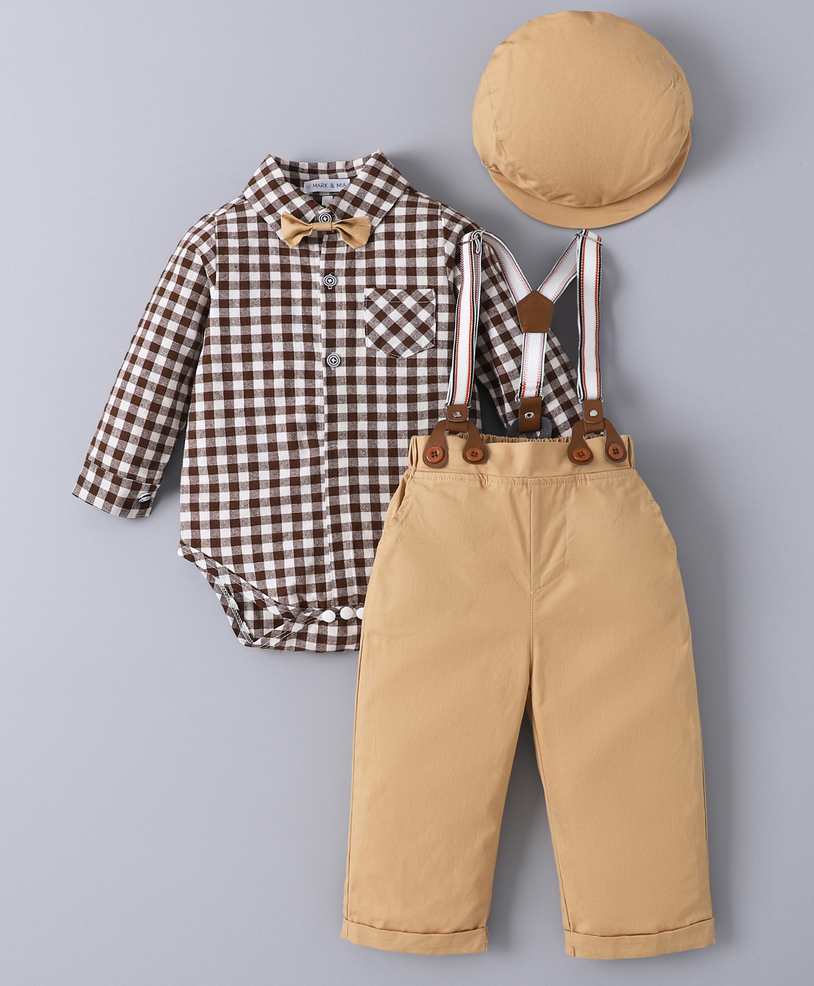 Mark & Mia Cotton Full Sleeves Checkered Onesie & Trouser with Suspender Hat & Bow - Light Brown-picture-11
