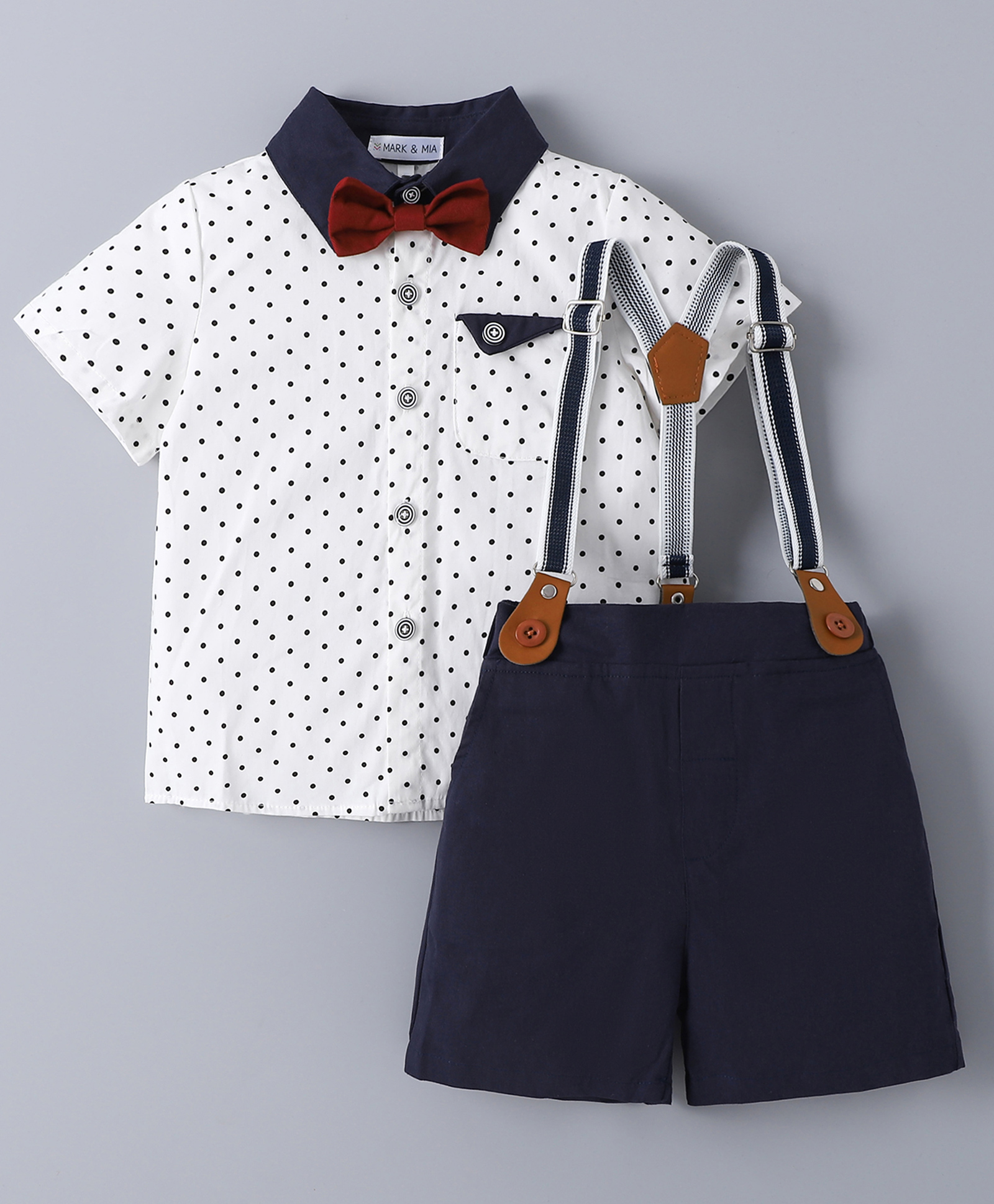 Mark & Mia Cotton Half Sleeves Polka Dot Printed Party Shirt & Solid Color Shorts Set with Suspender & Bow - Navy Blue & White-image-41