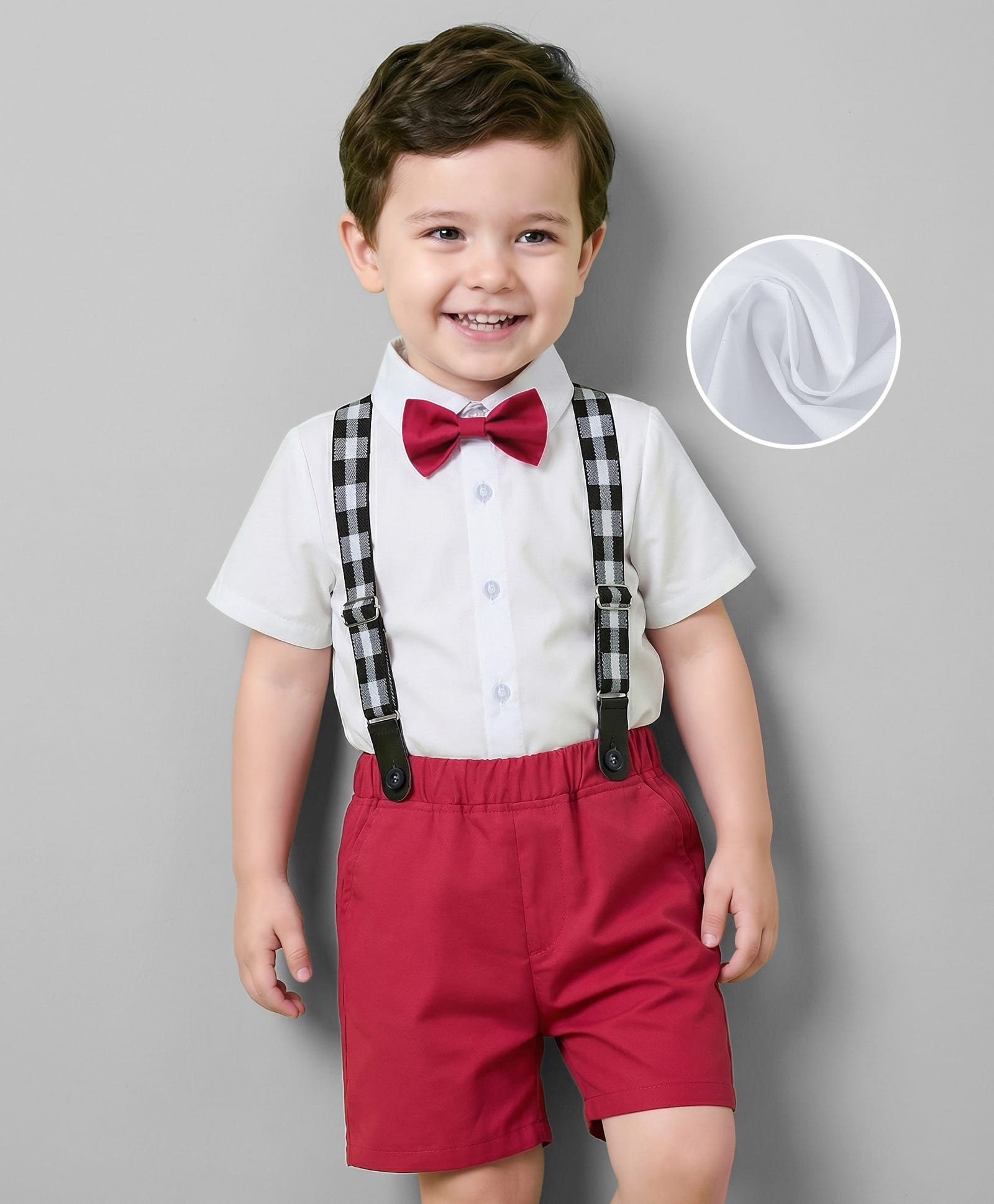 Mark & Mia Cotton Half Sleeves Solid Party Shirt & Shorts Set with Suspender & Bow - White & Maroon-image-43