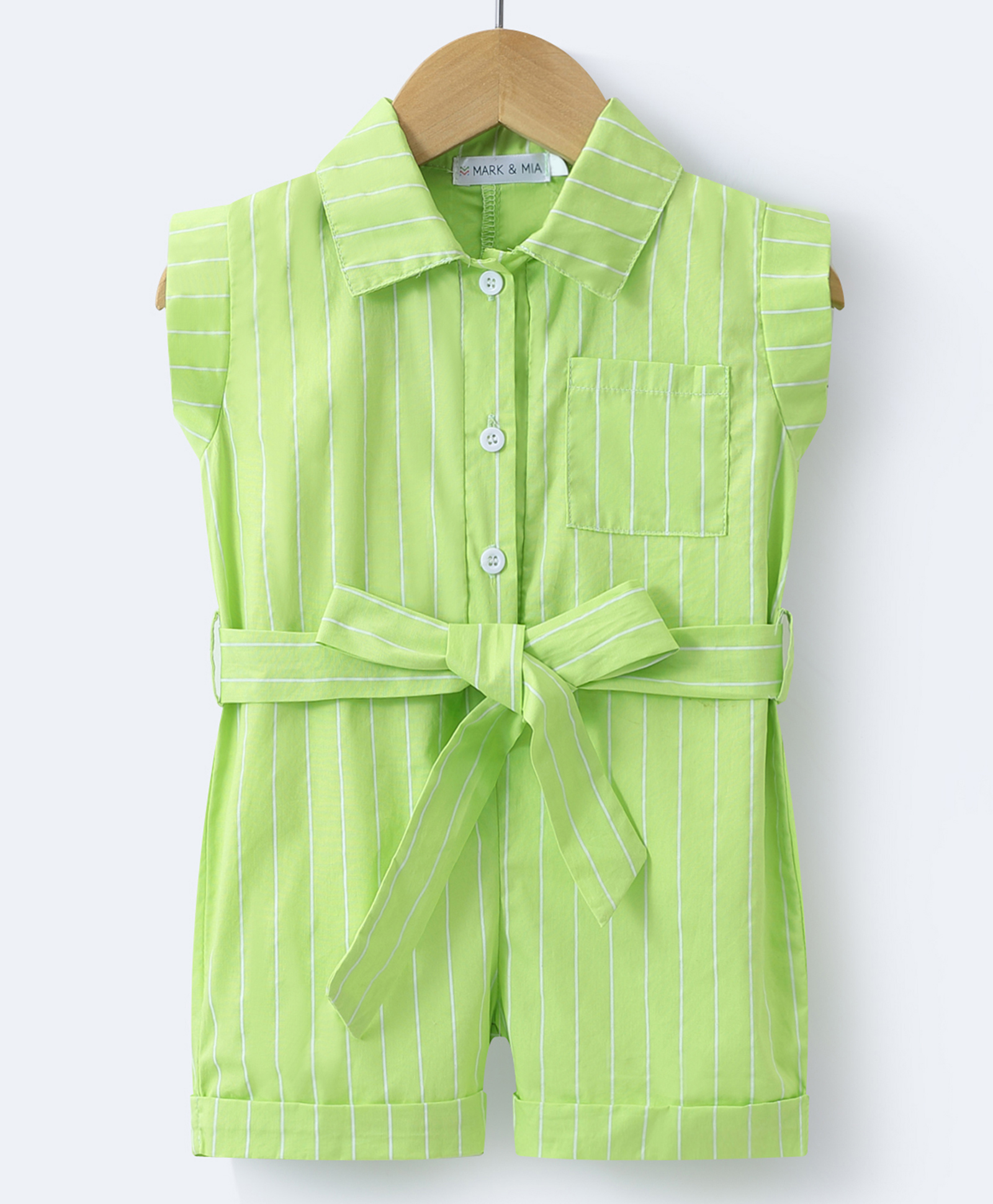 Mark & Mia Cotton Sleeveless Front Open Collared Jumpsuit with Stripes - Light Green-picture-18