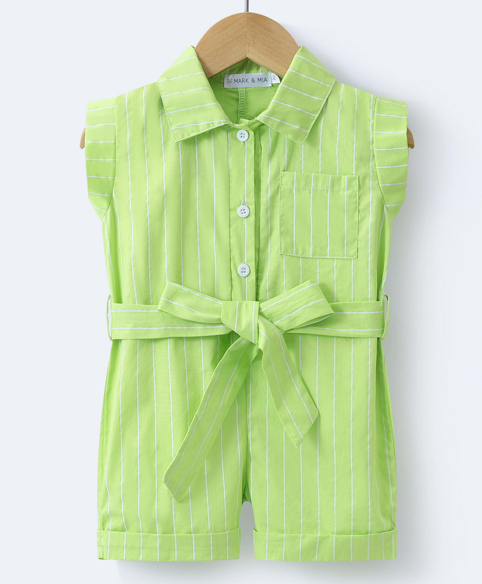 Mark & Mia Cotton Sleeveless Front Open Collared Jumpsuit with Stripes - Light Green-picture-28