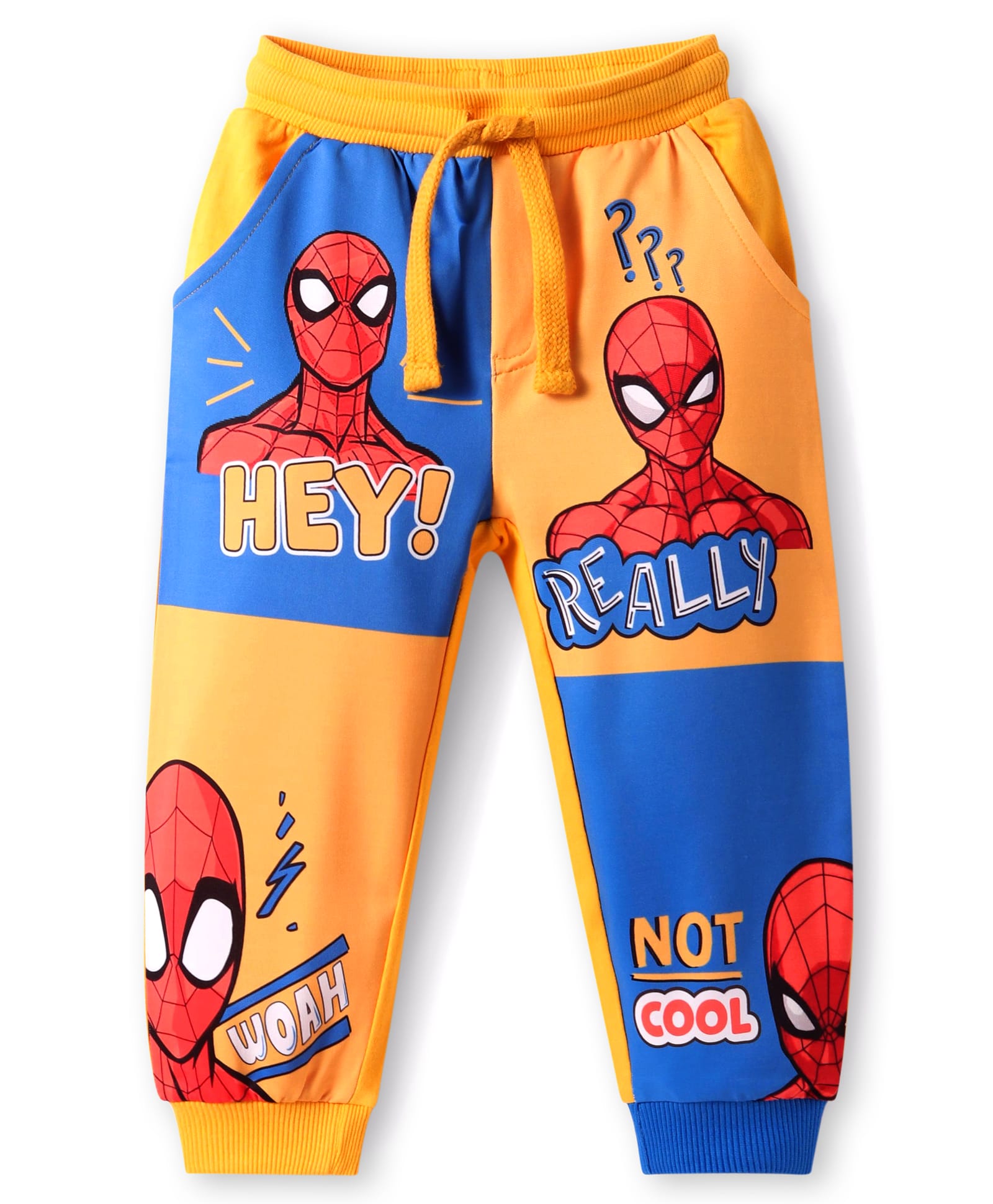 Babyhug Marvel Terry Knit Full Length LoungePants With Spider Man Graphic - Blue &Yellow-picture-14