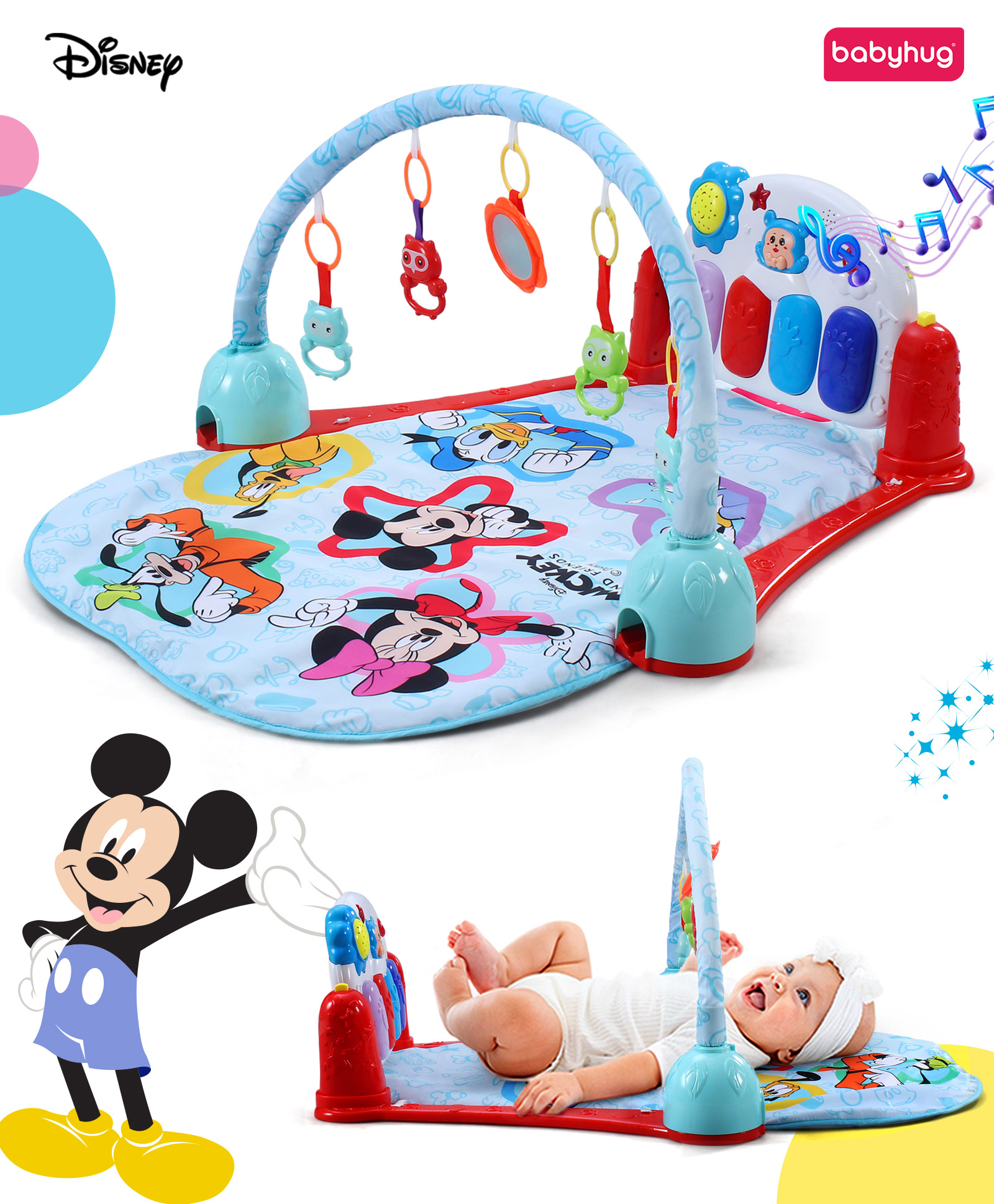 babyhug disney Babyhug Premium Disney Mcqueen cars Musical Baby Play Gym|Piano, Lights, Rattles & Tummy Time Mat | Fitness Rack with Hanging Rattles Interactive Learning Keyboard Piano| BIS Certified-picture-12