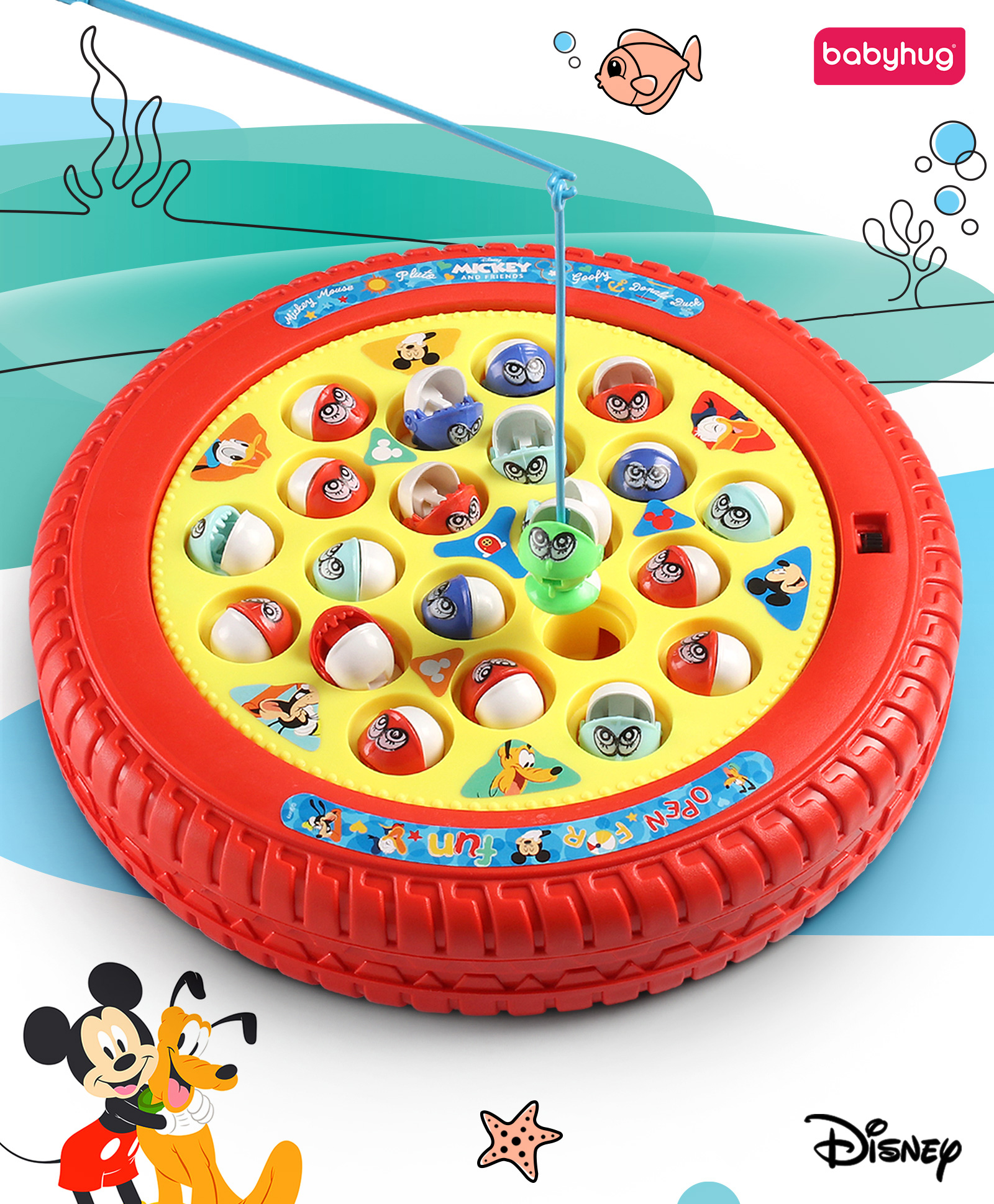 Babyhug Premium Disney Rechargeable Blue Musical Board Fish Game with Rotating Pond| 21 Fishes & 4 Fishing Rods with Sound and Musical Gifting Toy - Red & Yellow