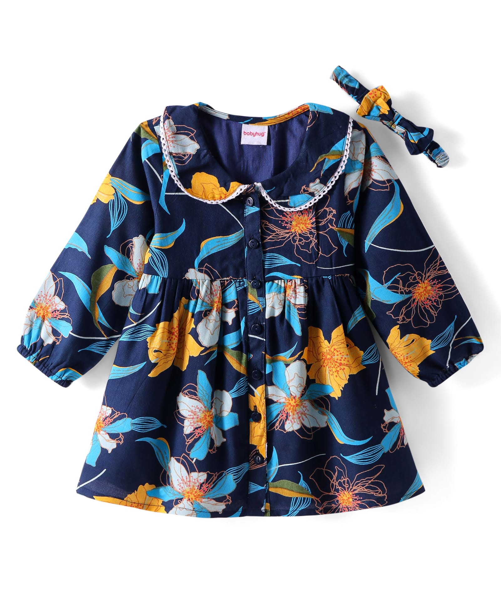 Babyhug Woven Full Sleeves Peter Pan Collar Frock with Floral Print & Head Band - Navy Blue-picture-22