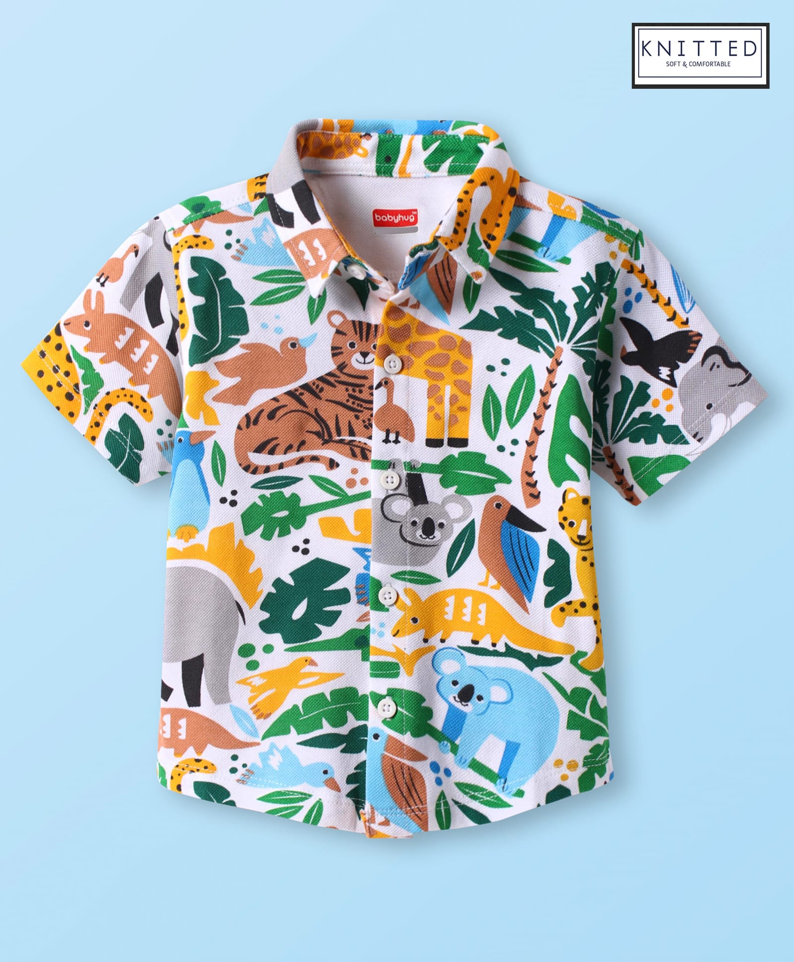 Babyhug Half Sleeves Cotton Knit Half Sleeves Animal Printed Shirt- White Green & Yellow-picture-22