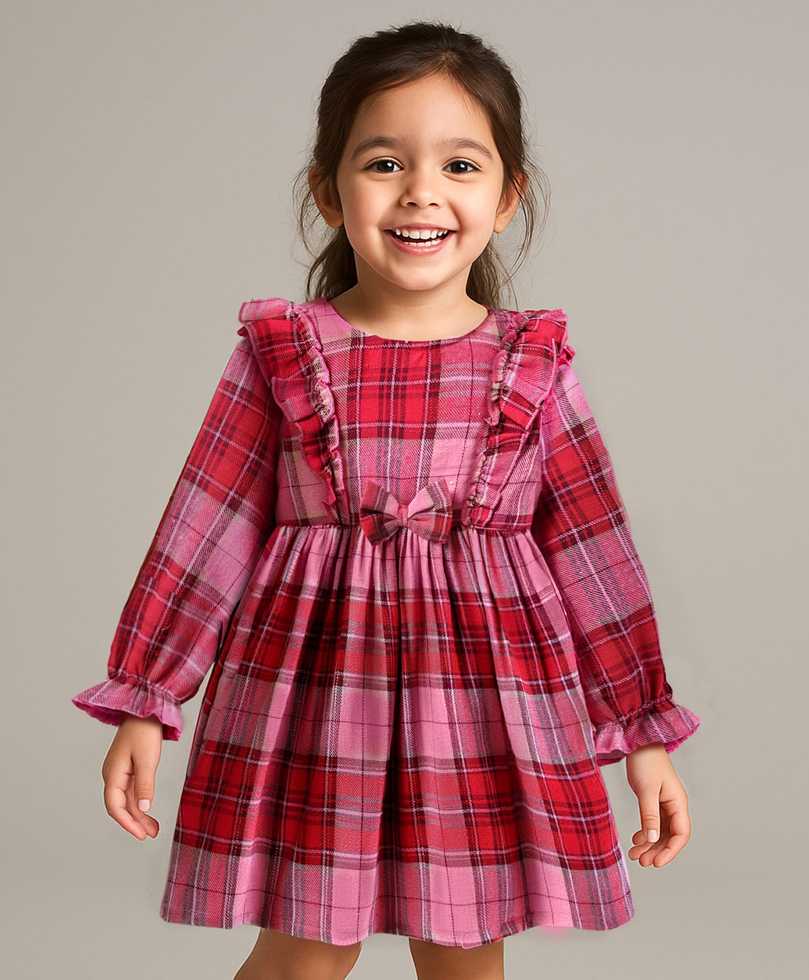 Babyhug Woven Full Sleeves Checkered Frock with Bow Applique & Frill Detailing - Red-picture-16