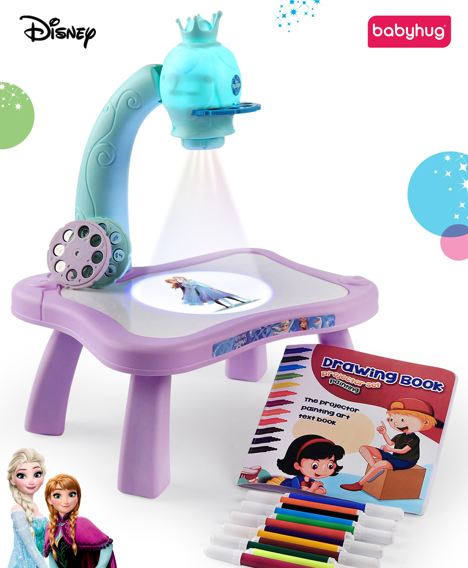 Babyhug Disney Frozen Adventure Tracing Projector Set Battery Operated Projector Table with Slides for Learning and Painting with Projector Lamp & Music - Purple & Light Blue-image-41