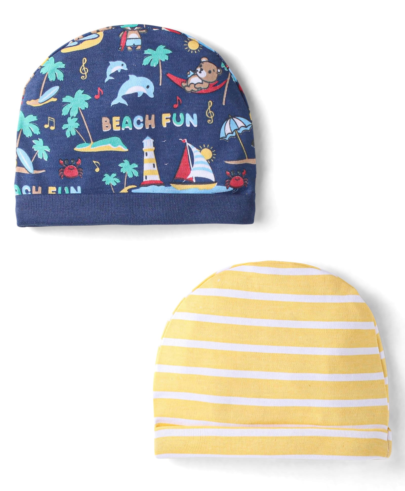 Babyhug Interlock Cotton Knit Beach & Stripe Printed Caps Pack Of 2 - Navy Blue & Yellow-image-17