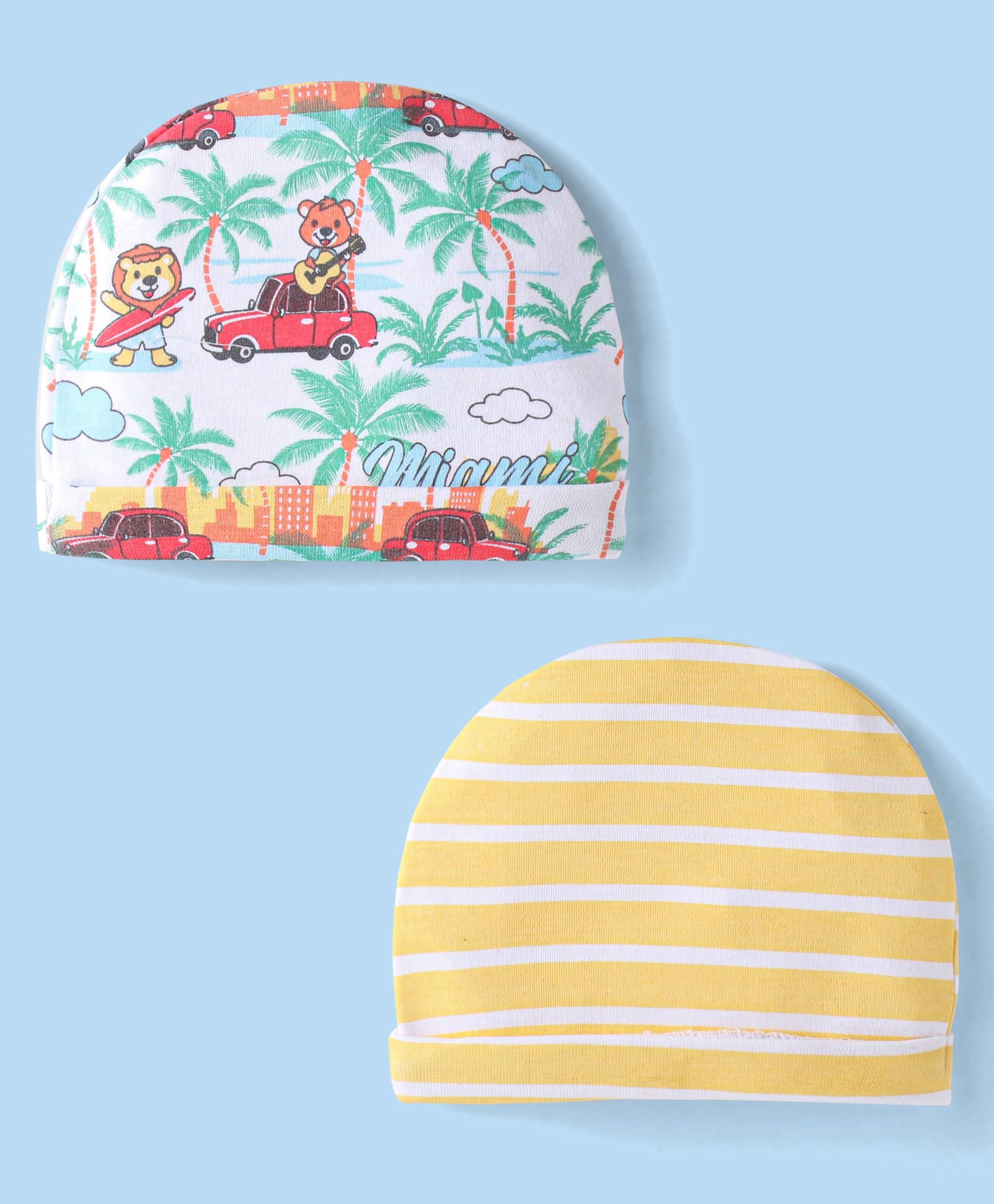 Babyhug Interlock Cotton Knit Tropical & Stripe Printed Caps Pack Of 2 - White & Yellow-image-40