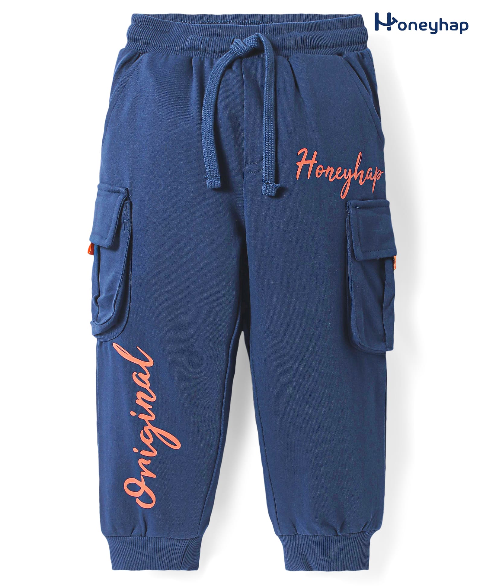 Honeyhap Premium 100% Cotton Knit Full Length Lounge Pant with Cargo Pockets & Text Print - Navy Blue-picture-31