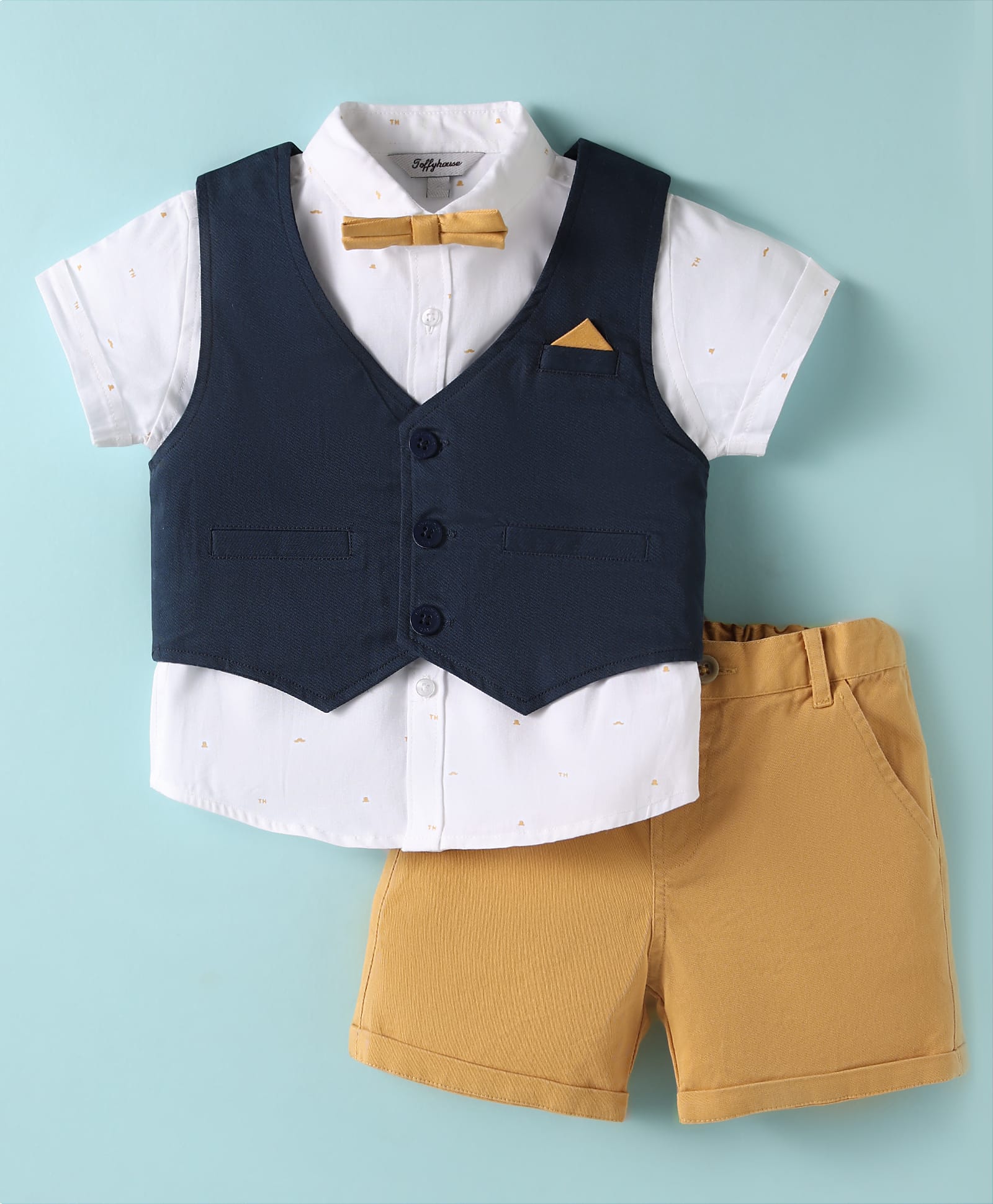 ToffyHouse Cotton Knit Half Sleeves Solid 3 Piece Party Suit With Bow - Navy Blue White & Gold-image-25