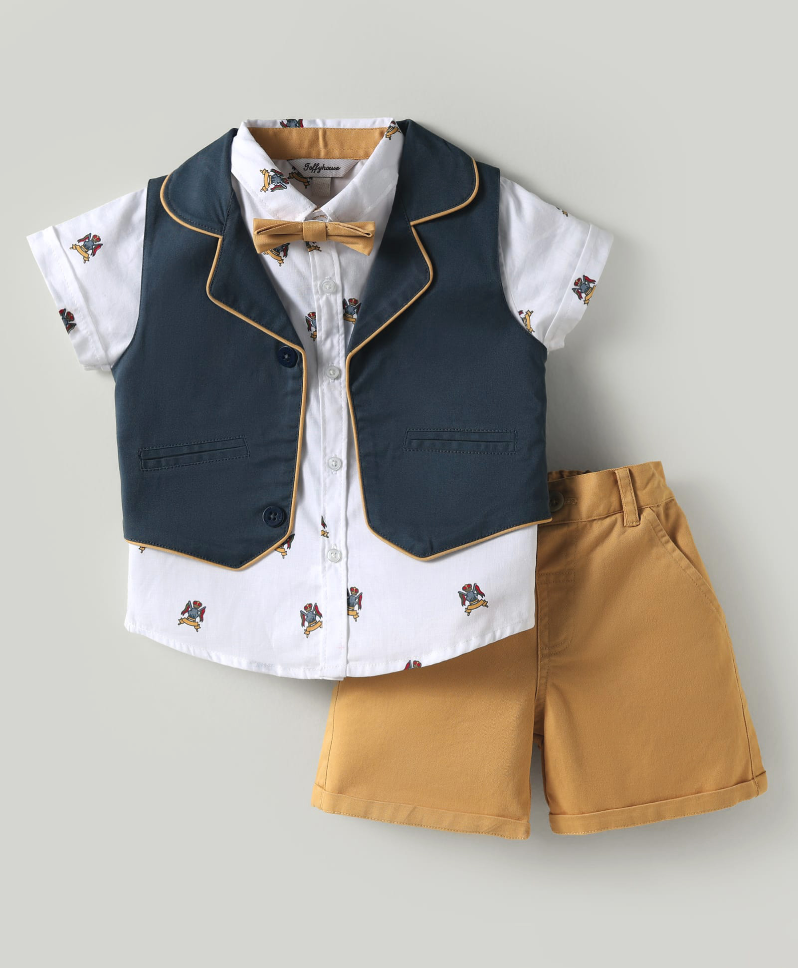 ToffyHouse Cotton Knit Half Sleeves Printed 3 Piece Party Suit With Bow - White & Golden-image-27
