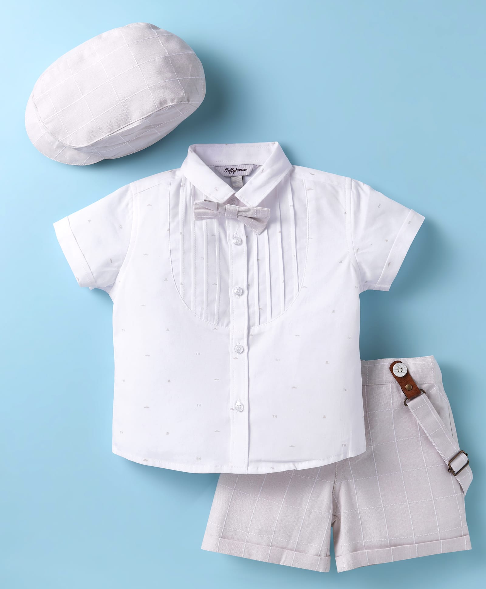 ToffyHouse Cotton Woven Half Sleeves Printed Shirt & Shorts With Bow Suspender & Hat - White & Light Grey-picture-4