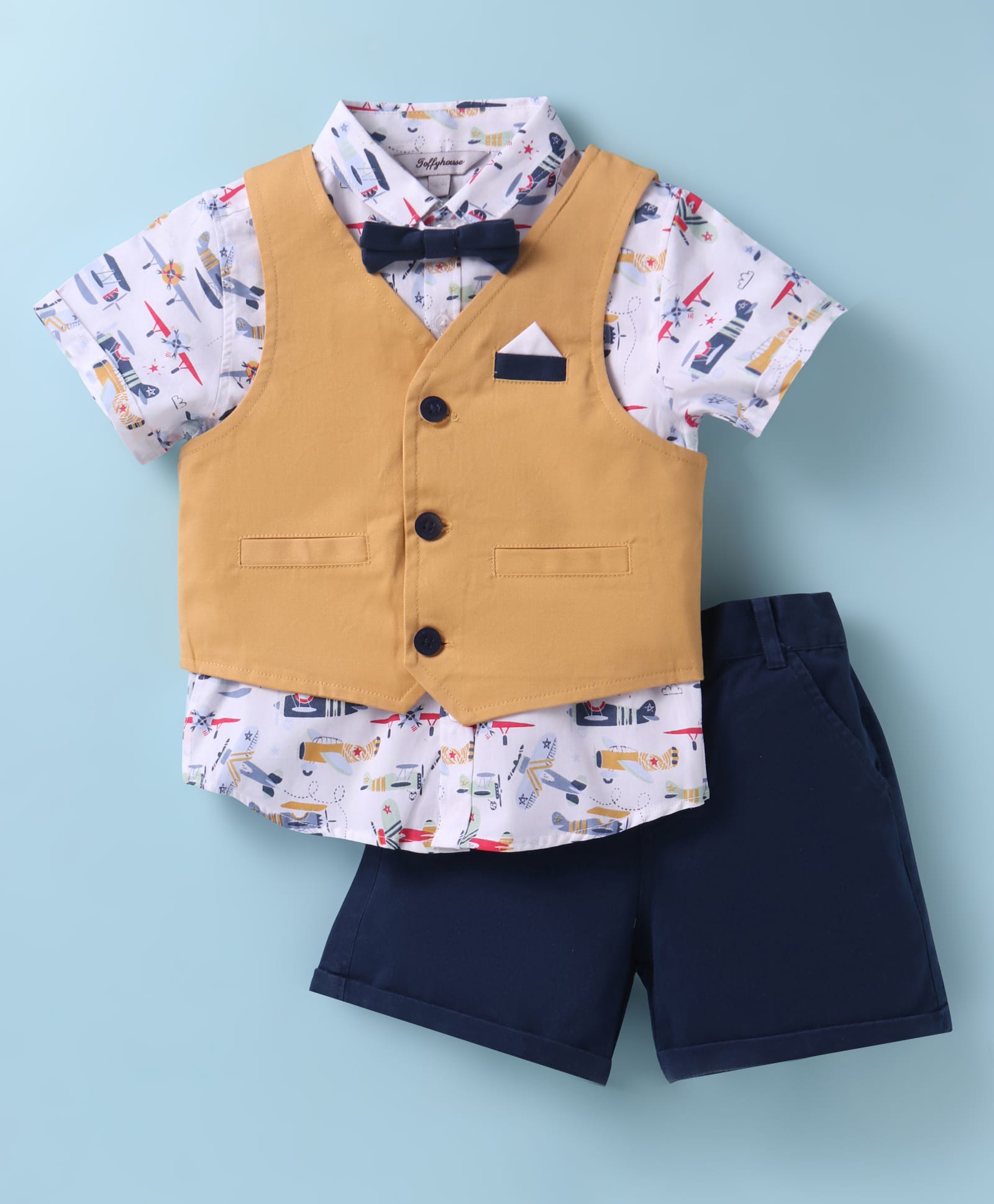 ToffyHouse Cotton Knit Half Sleeves Airplane Printed 3 Piece Party Suit With Bow - Mustard White & Navy Blue-image-31