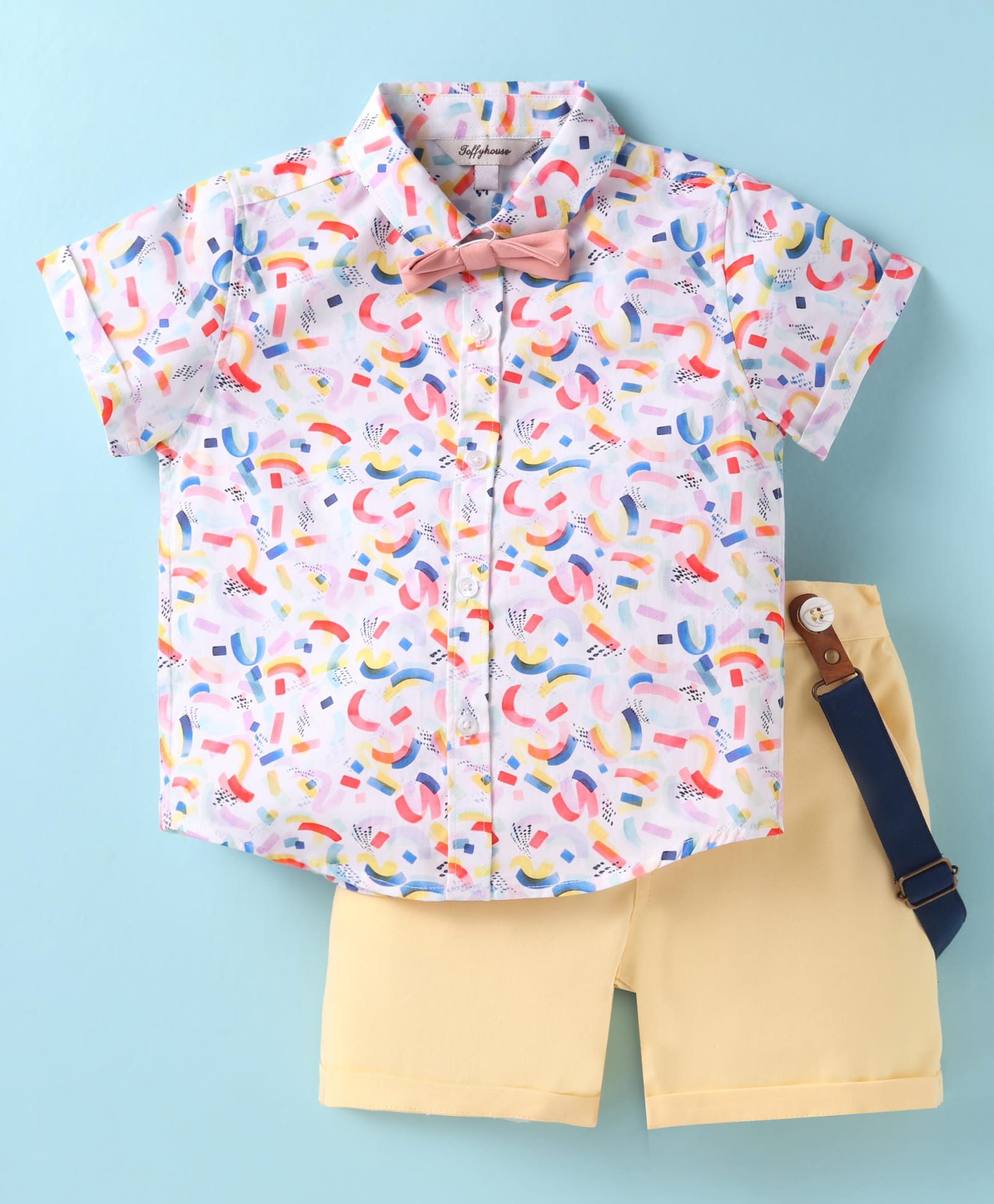 ToffyHouse Cotton Woven Half Sleeves Confetti Printed Shirt & Shorts With Bow & Suspender - Off White & Lemon-image-39