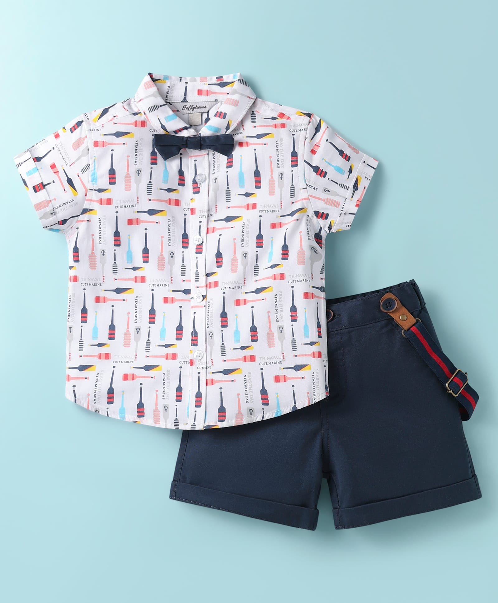ToffyHouse Cotton Woven Half Sleeves Printed Shirt & Shorts With Bow & Suspender - White & Navy Blue-image-24