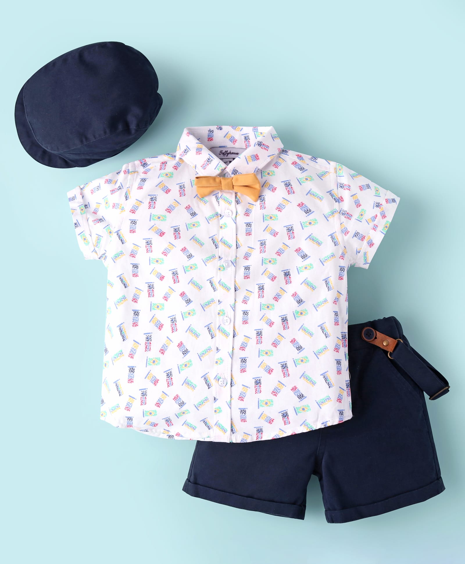 ToffyHouse Cotton Woven Half Sleeves Flags Printed Shirt & Shorts With Bow Suspender & Hat - White & Navy Blue-picture-24