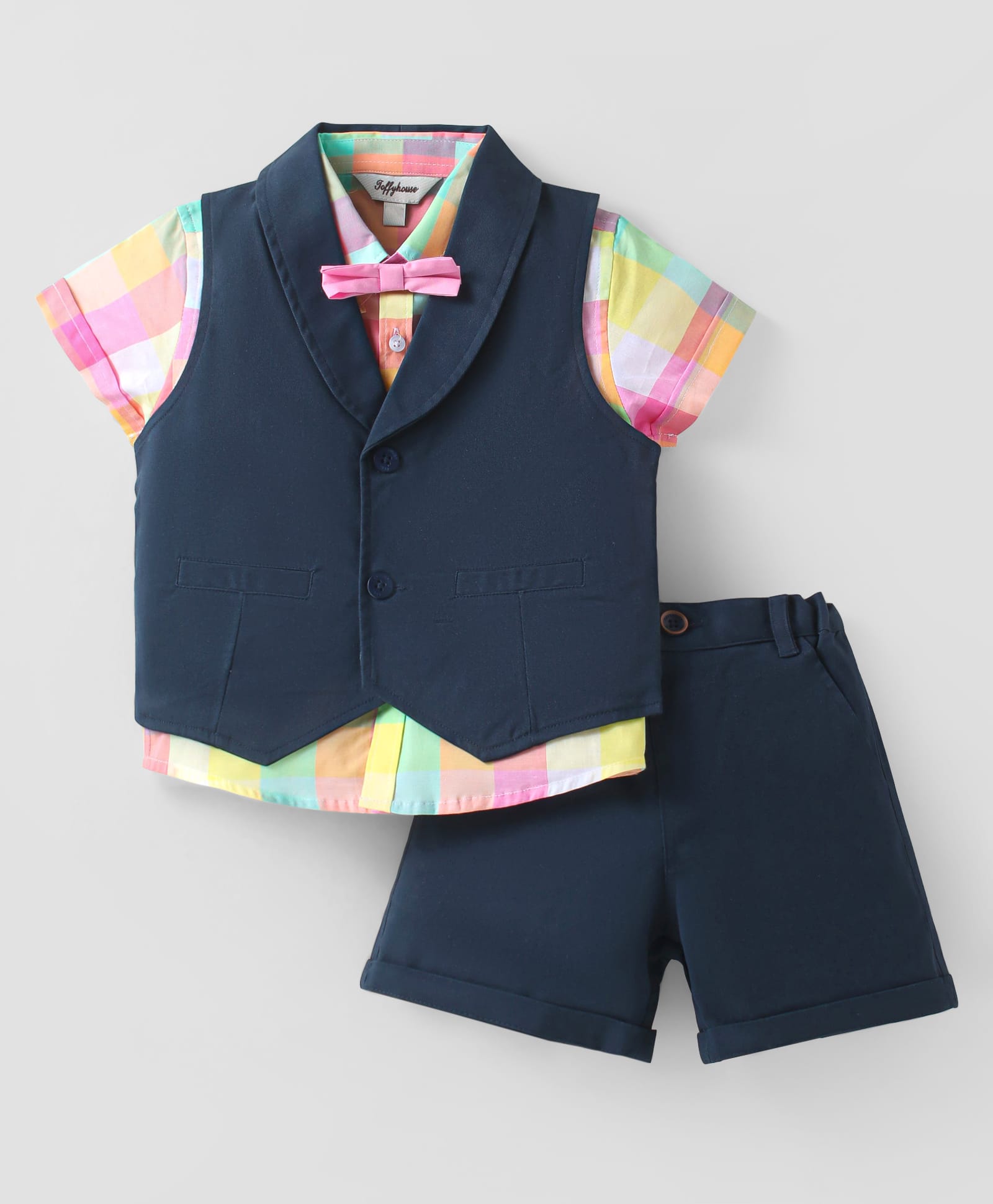 ToffyHouse Cotton Knit Half Sleeves 3 Piece Checks Printed Party Suit With Bow - Navy Blue-image-15