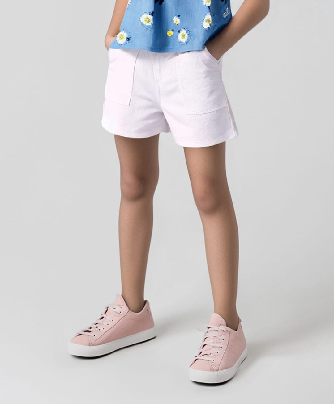 Primo Gino Woven Paperbag Waist Washed Denim Shorts - White-image-13