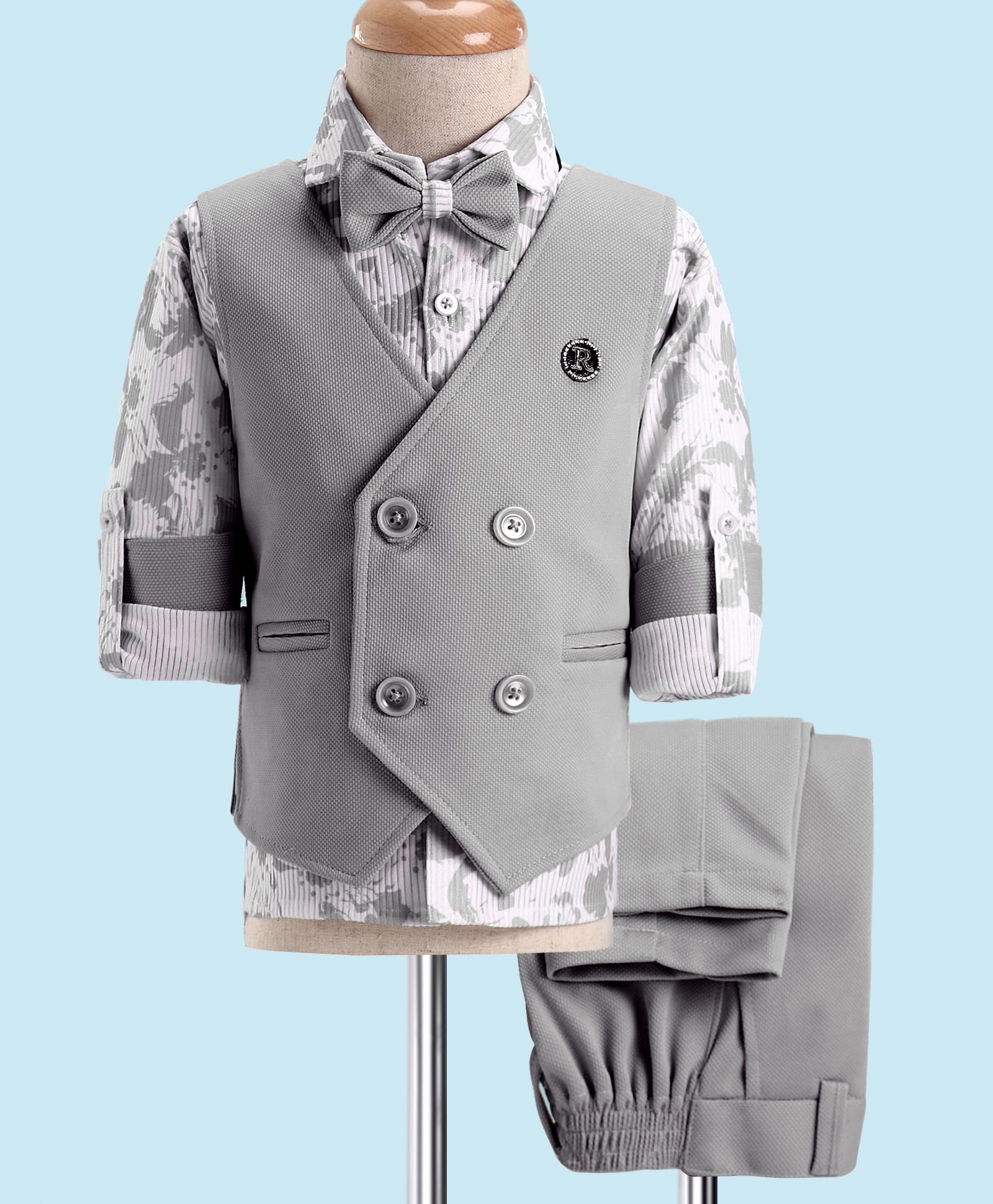 Rikidoos Cotton Full Sleeves Abstract Printed Shirt With Textured Waistcoat Pant & Bow Set - Grey & White-picture-10