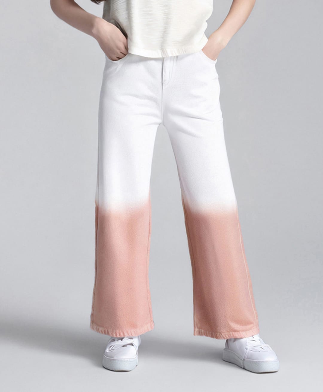 Primo Gino Cotton Woven Full Length Washed Wide Leg Ombre Jeans - White-picture-19